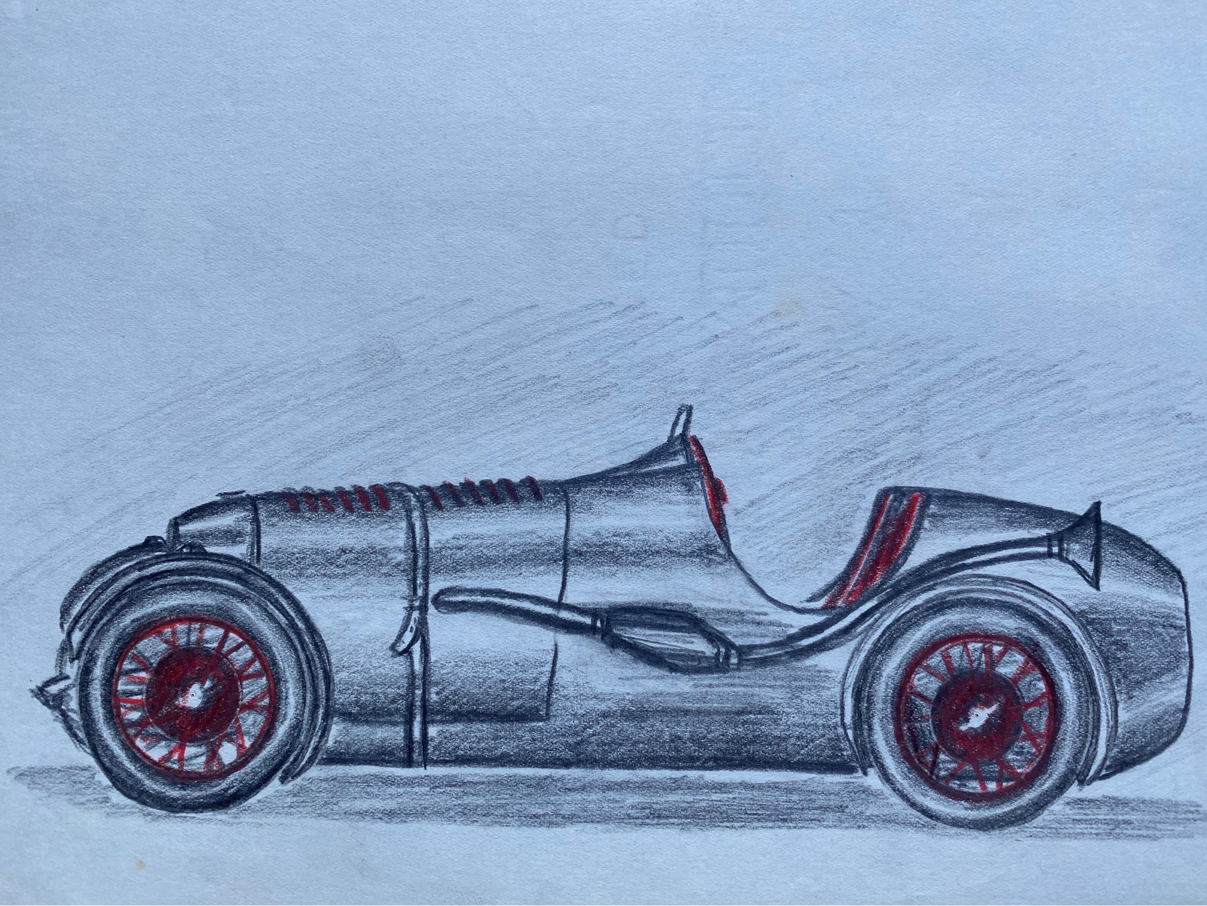 Set of Four 1930's Motor Car Racing Original Drawings - Art Deco Painting by Unknown