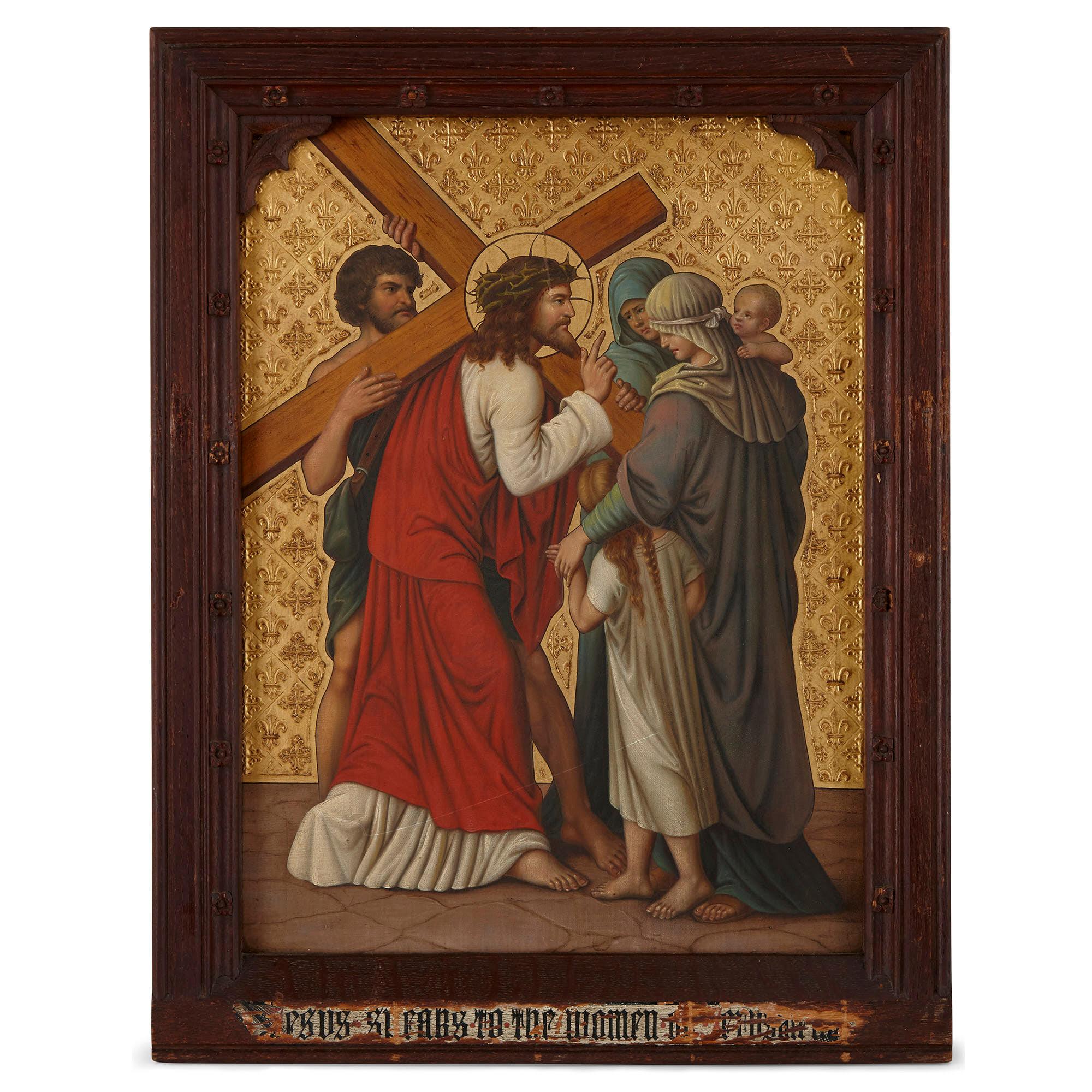 Set von vier antiken englischen, christlichen Gemälden auf Kupfer (Braun), Figurative Painting, von Unknown