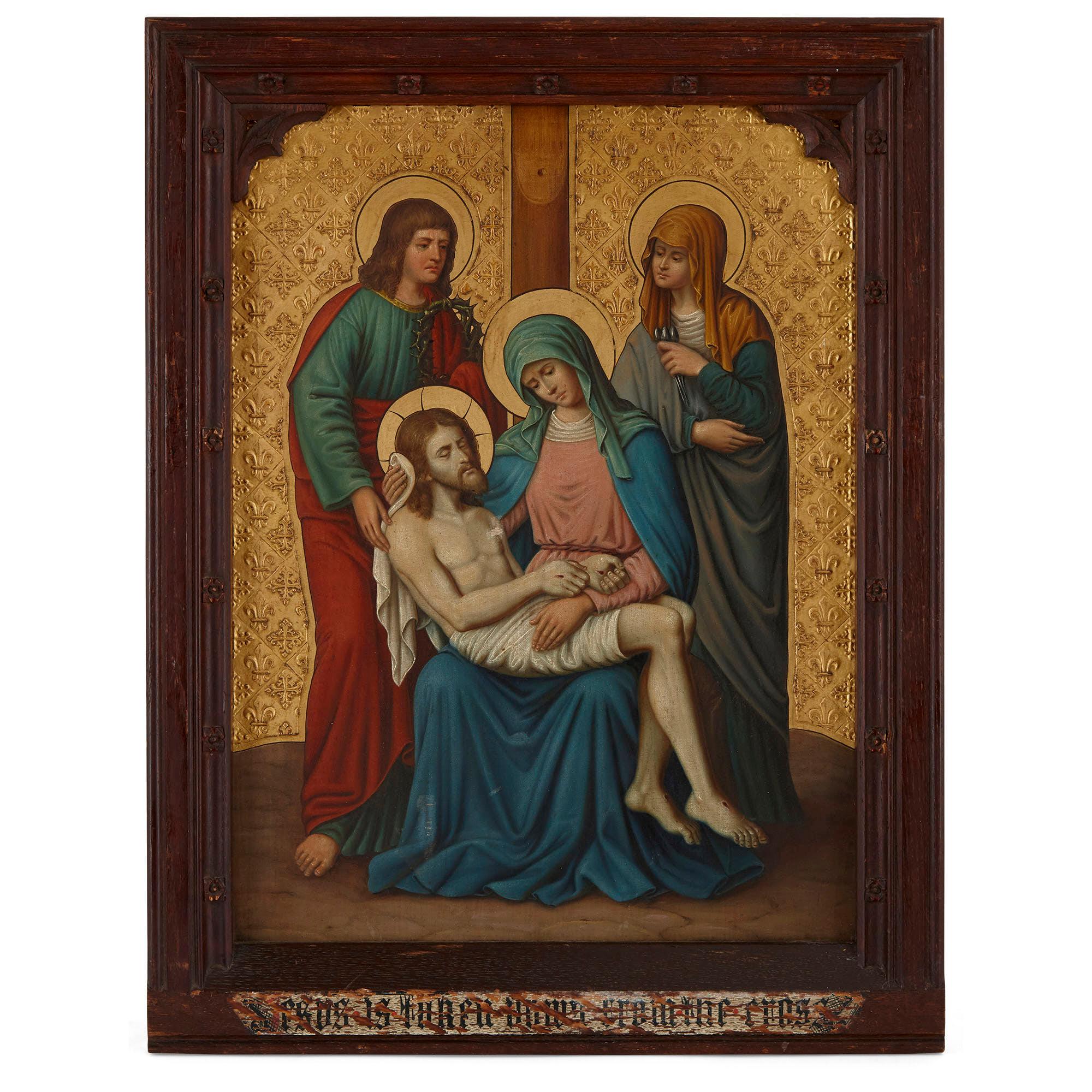 Conjunto de cuatro pinturas cristianas inglesas antiguas sobre cobre
Inglés, siglo XIX
Armazón: Altura 54 cm, anchura 42 cm, profundidad 2,5 cm
Panel: Alto 45 cm, ancho 34,5 cm, fondo 0,5 cm

Este bello conjunto de cuatro cuadros representa momentos