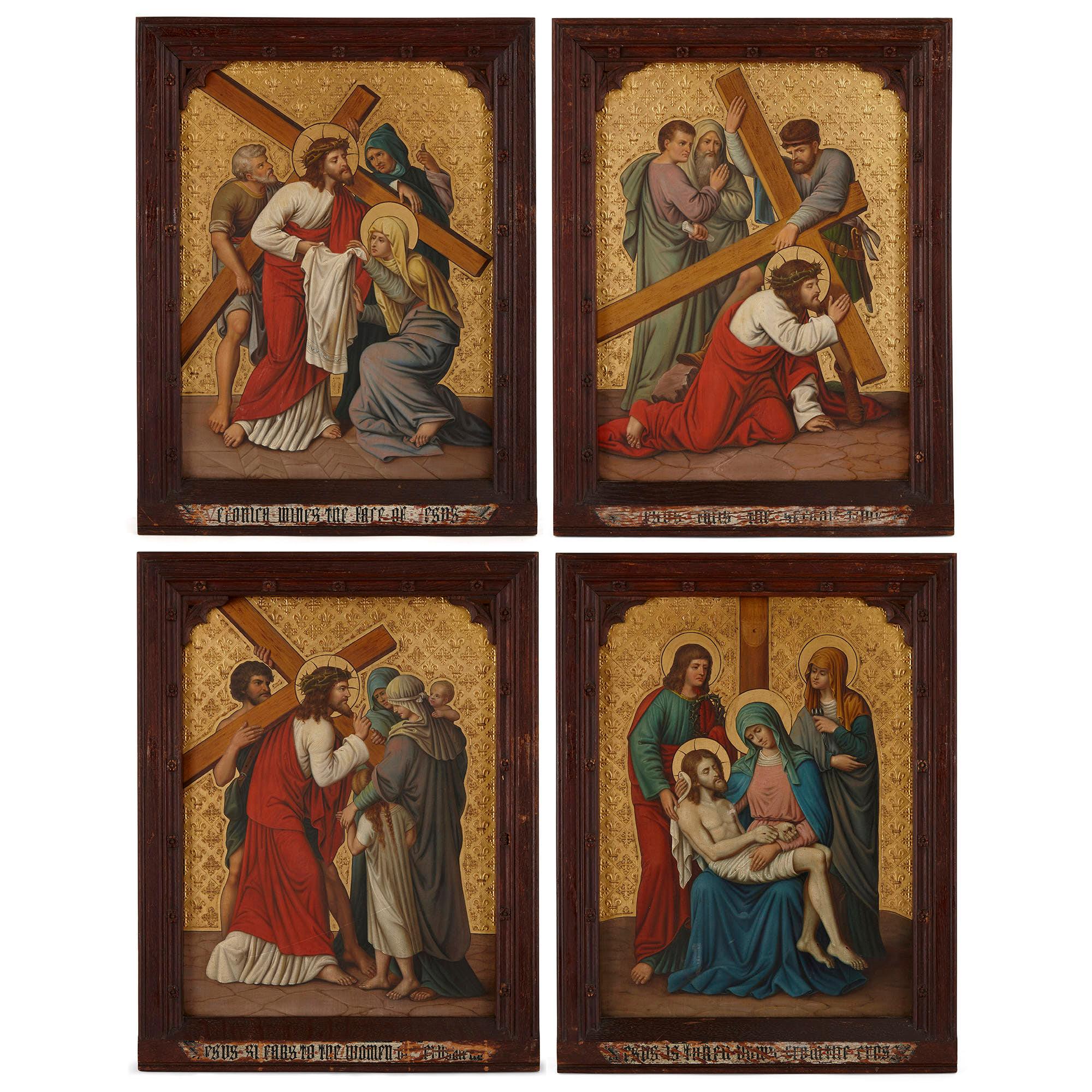 Set von vier antiken englischen, christlichen Gemälden auf Kupfer