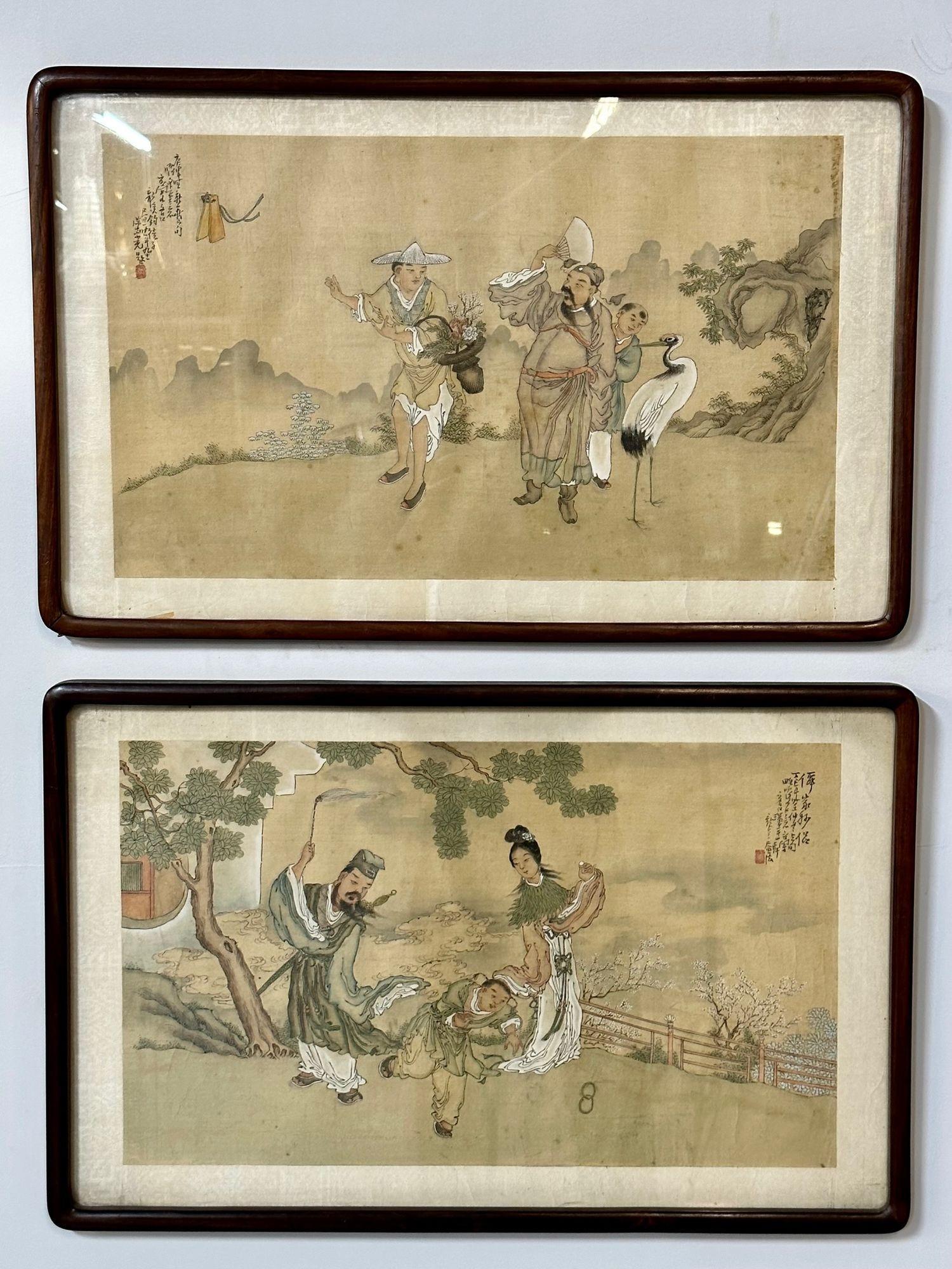 Satz von vier chinesischen Gemälden in Rosenholzrahmen, signiert, 19. (Braun), Figurative Painting, von Unknown