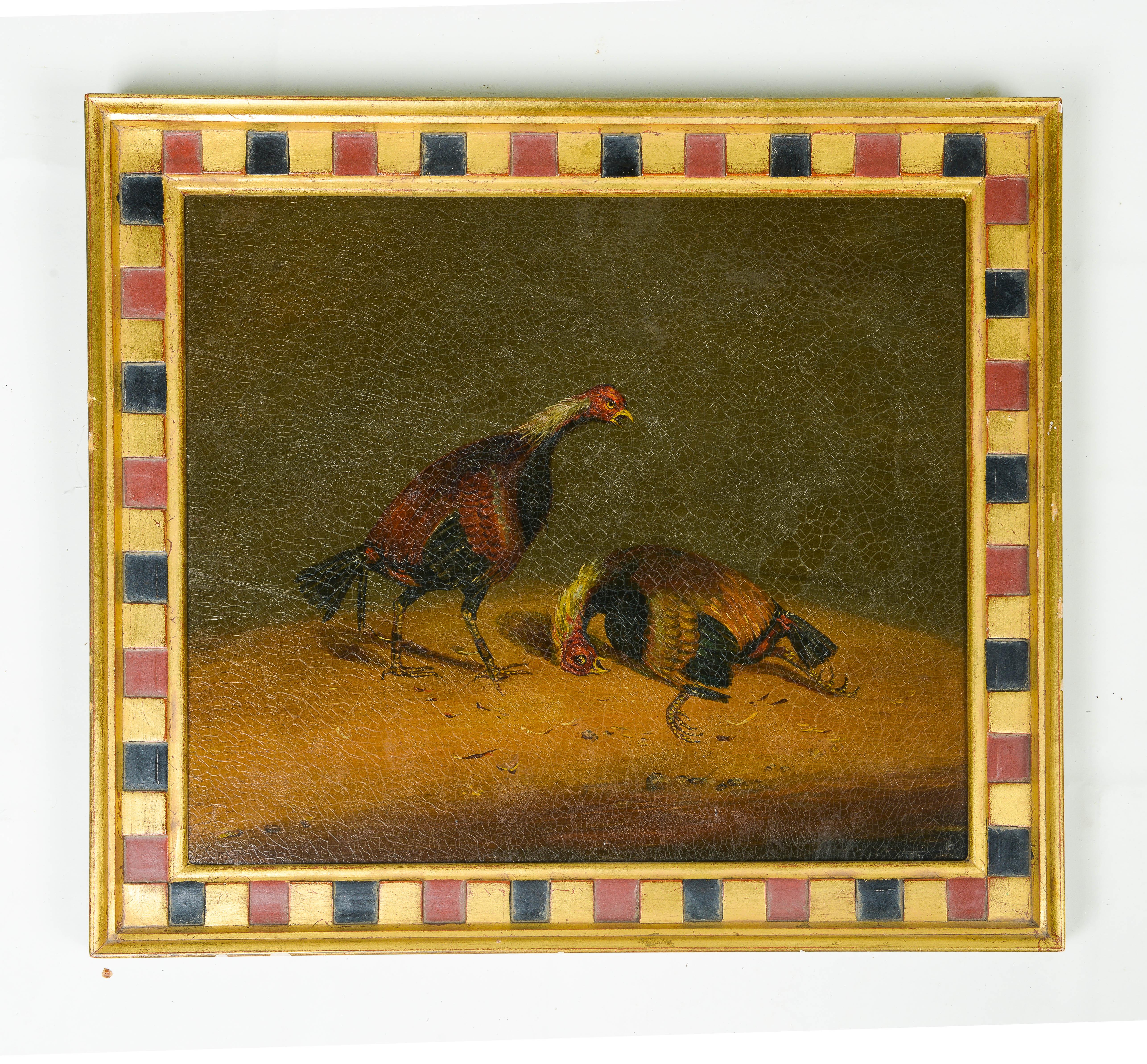 Each depicting two roosters in different stages of a cock fight. Taken after 19th century English paintings by artists such as Henry Thomas Alken and Frances Turner. Set within very attractive carved gilt and polychrome frames.
