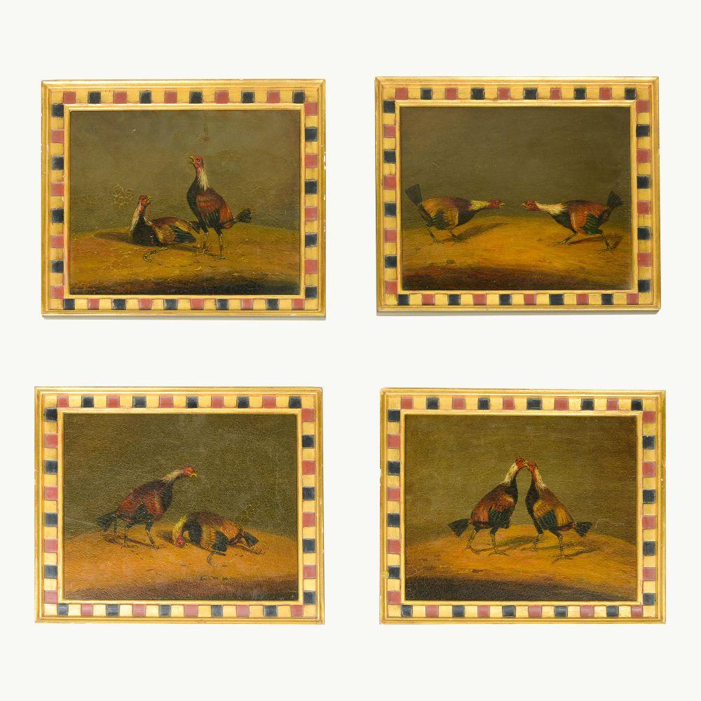 Unknown Animal Painting - Set of Four "Cock Fighting" Paintings of Roosters