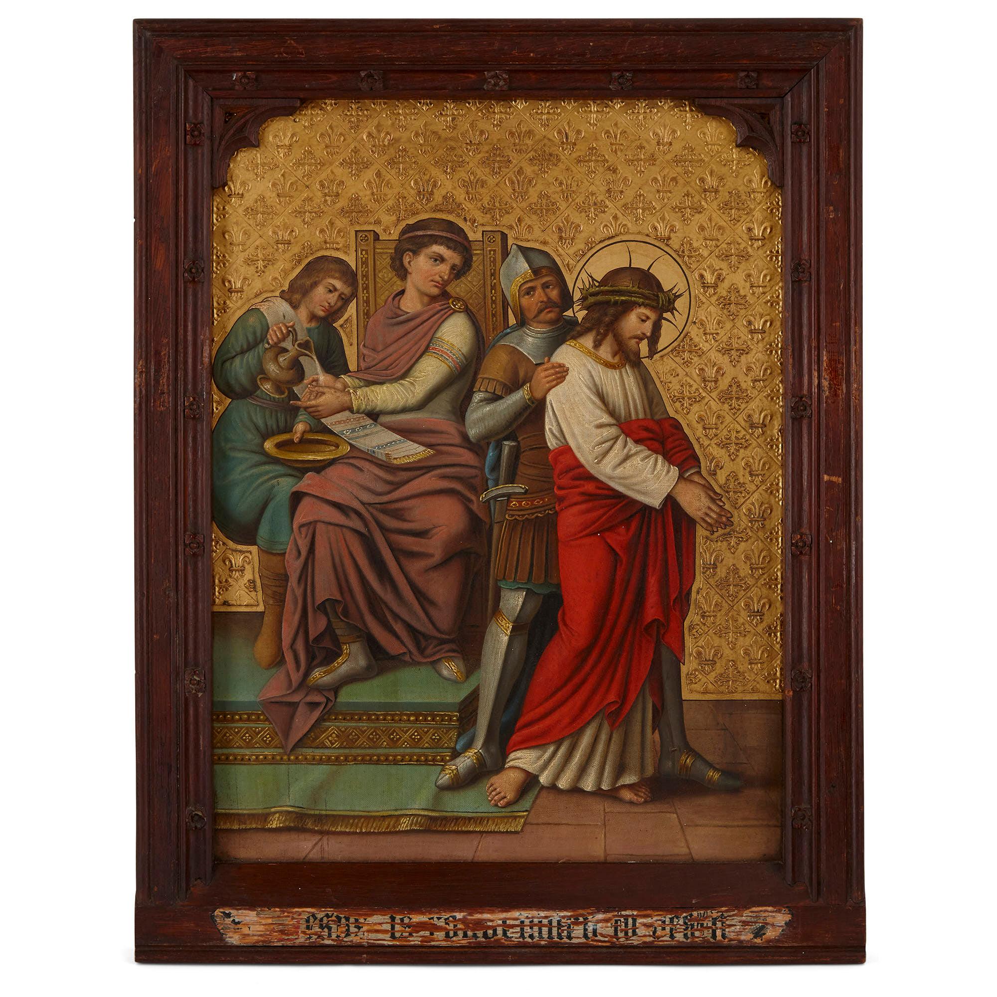 Set von vier Ölgemälden auf Kupfer, Stationen des Kreuzes, Gemälde – Painting von Unknown