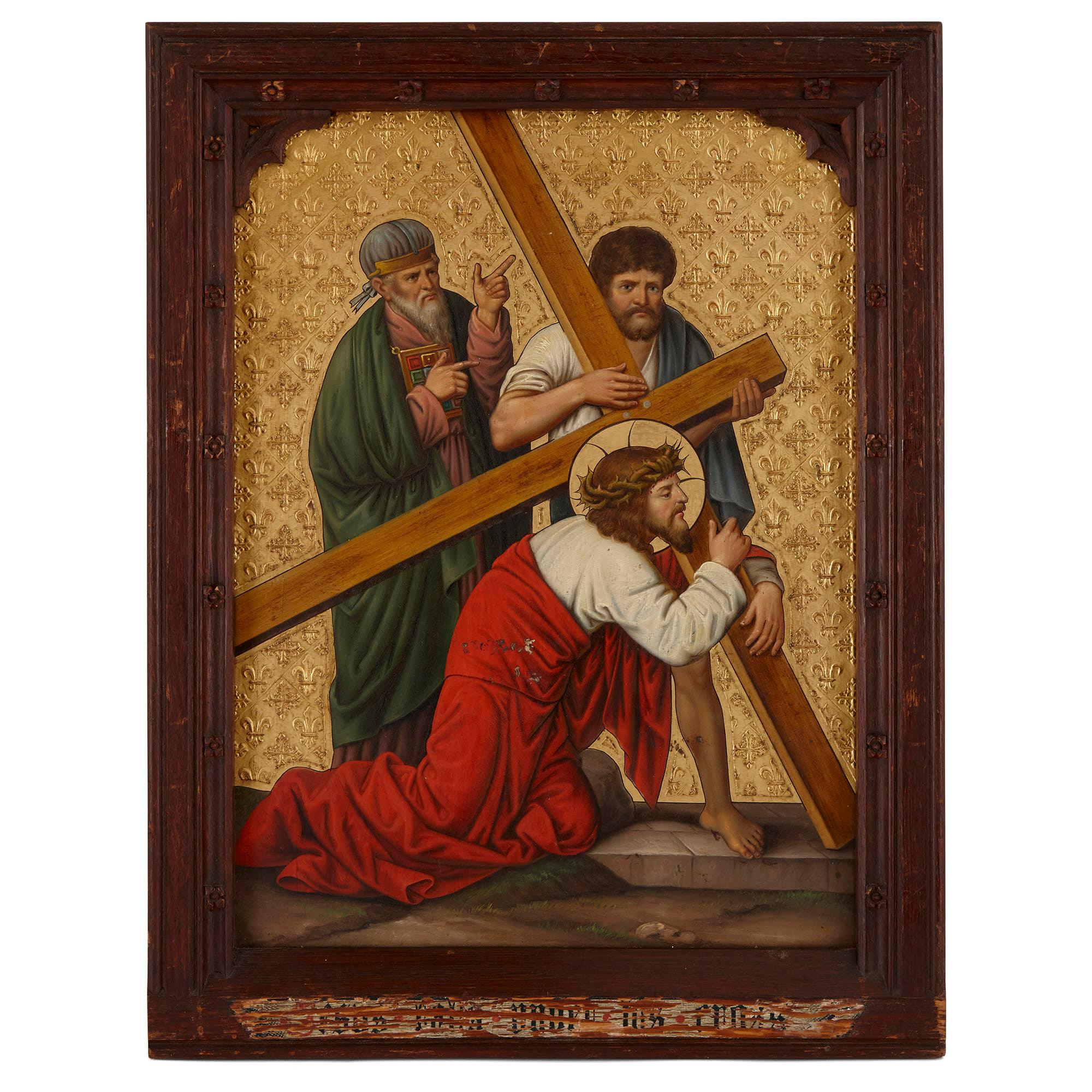 Set von vier Ölgemälden auf Kupfer, Stationen des Kreuzes, Gemälde (Braun), Figurative Painting, von Unknown