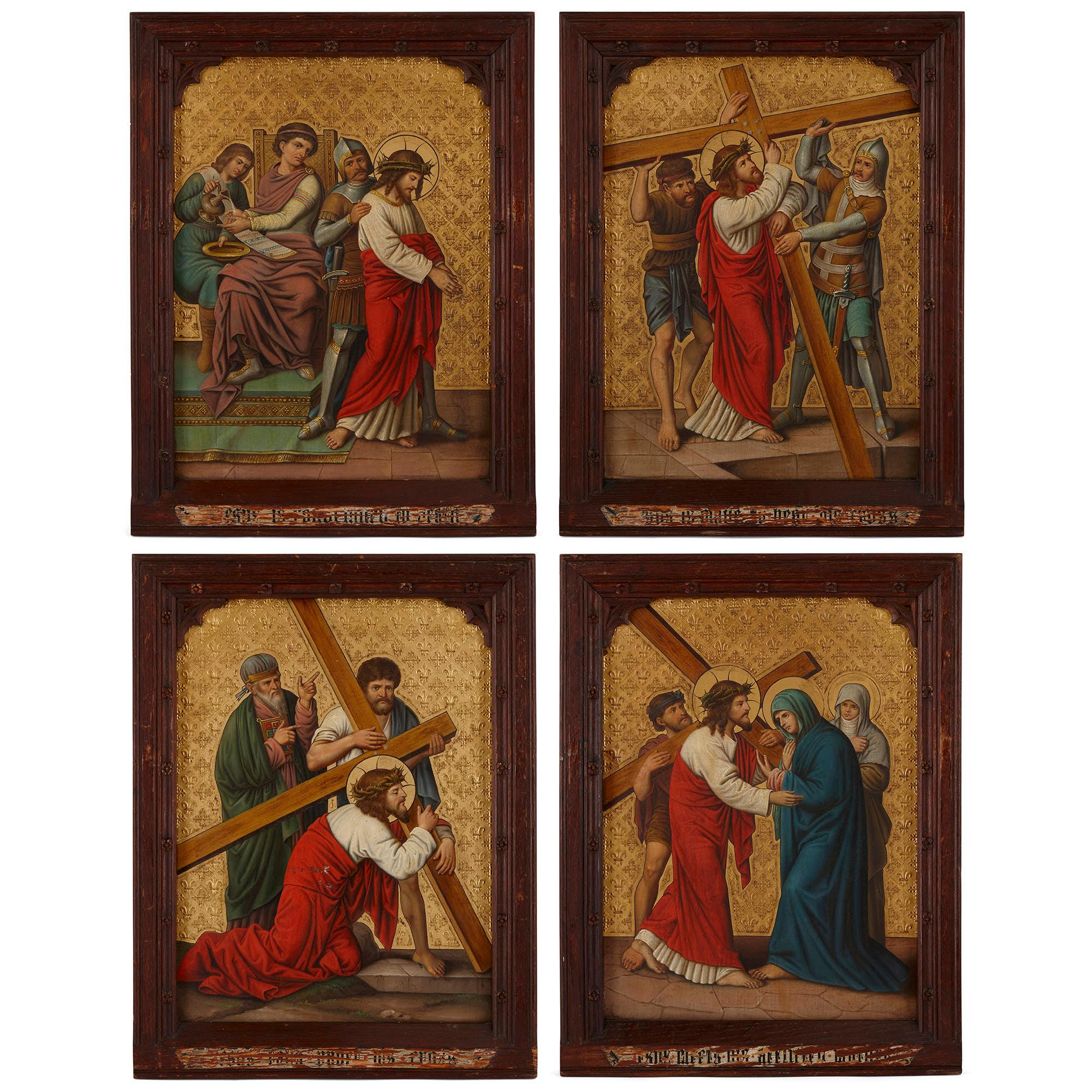 Ensemble de quatre peintures à l'huile sur cuivre représentant les stations de la Croix
