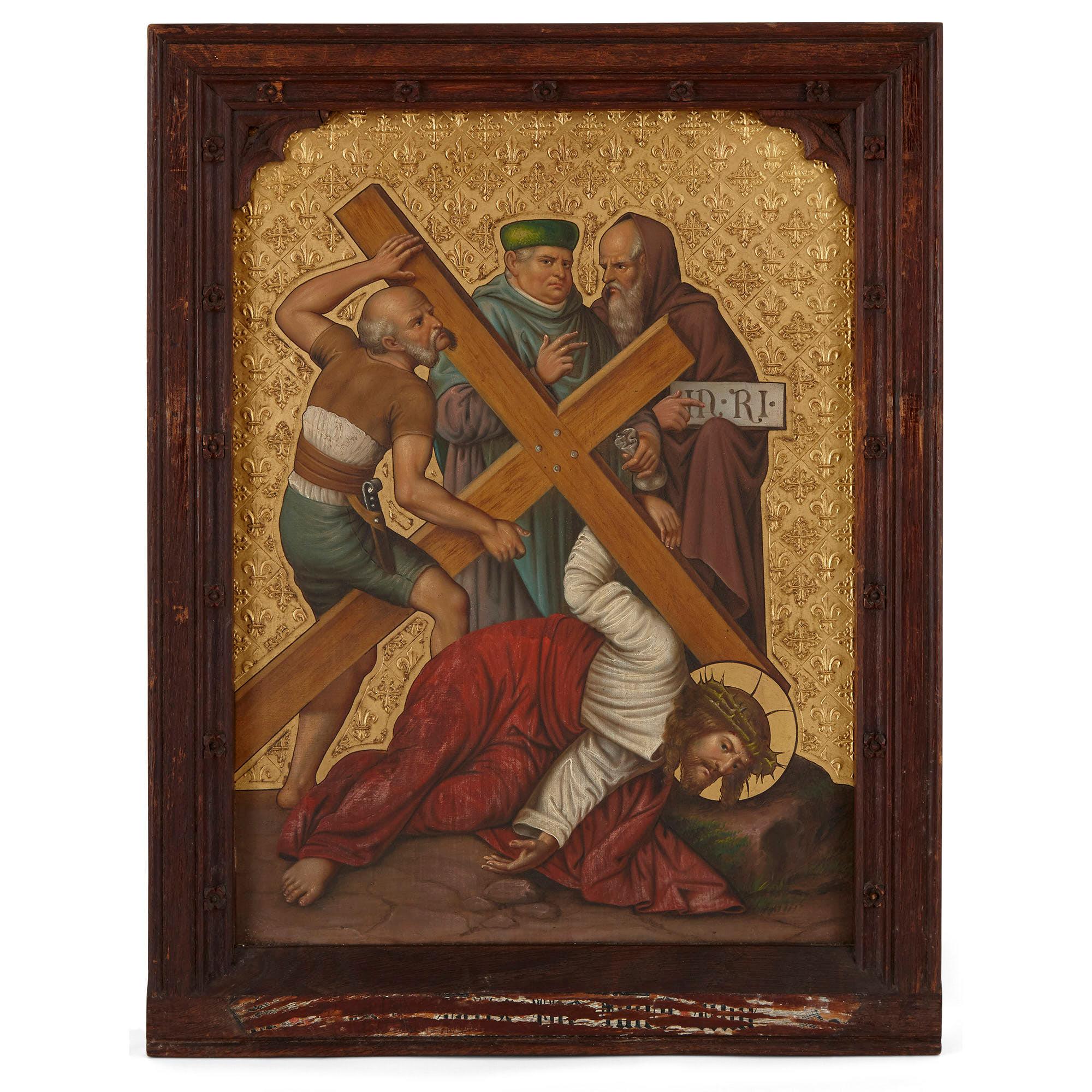 Set of four paintings of Christ drawn from the Stations of the Cross - Painting by Unknown