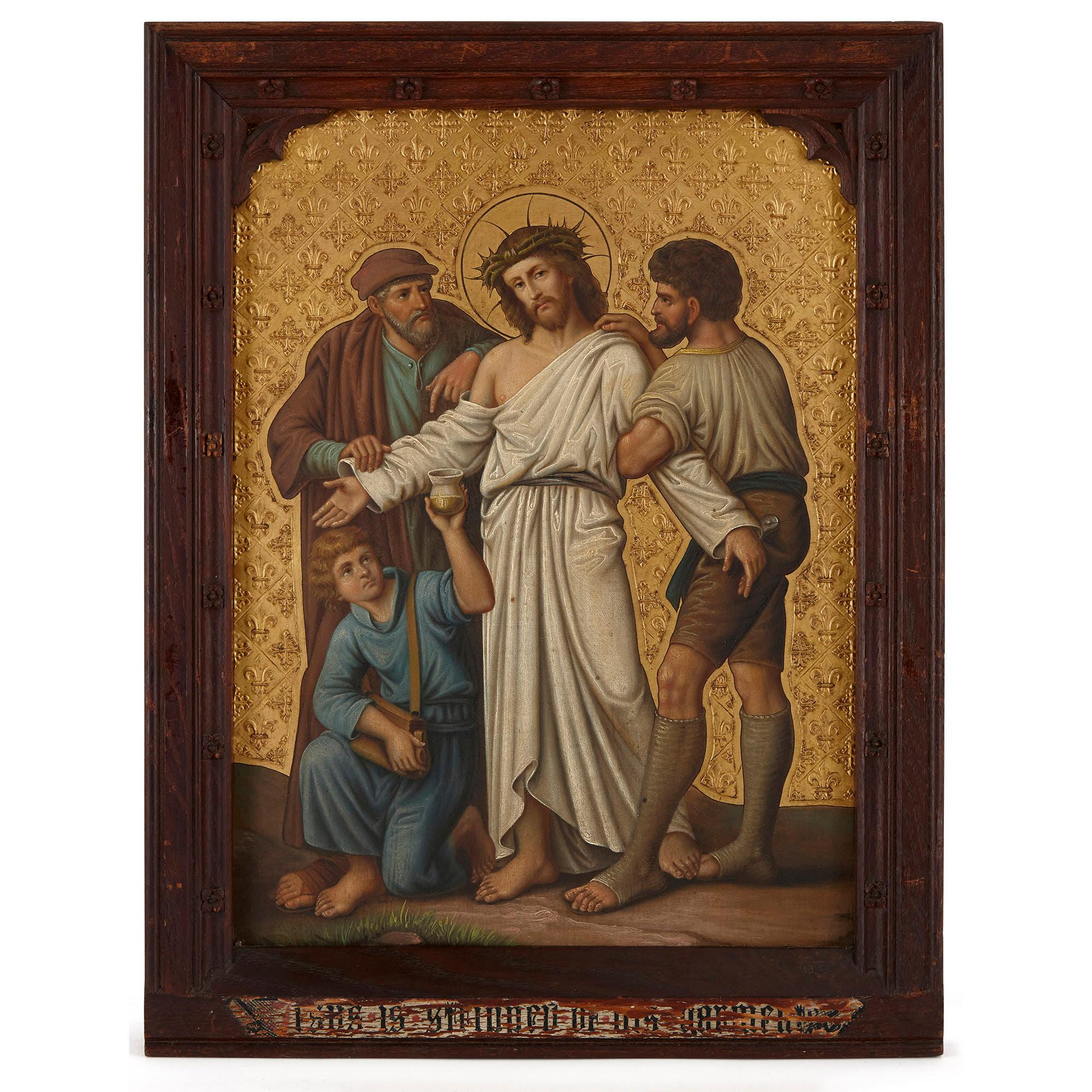 Ensemble de quatre peintures du Christ dessinées à partir des Stations de la Croix - Médiéval Painting par Unknown