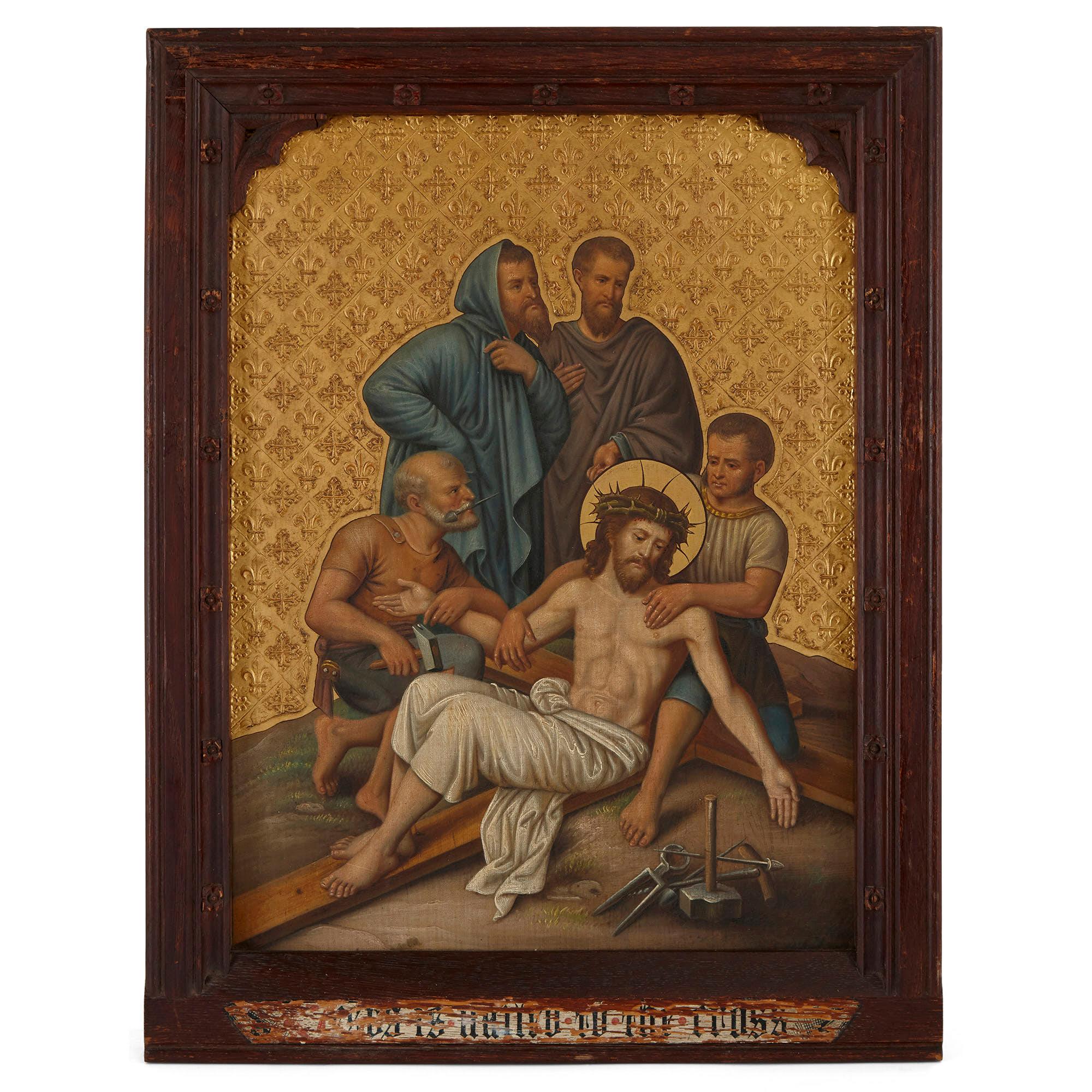 Ensemble de quatre peintures du Christ dessinées à partir des Stations de la Croix - Marron Figurative Painting par Unknown
