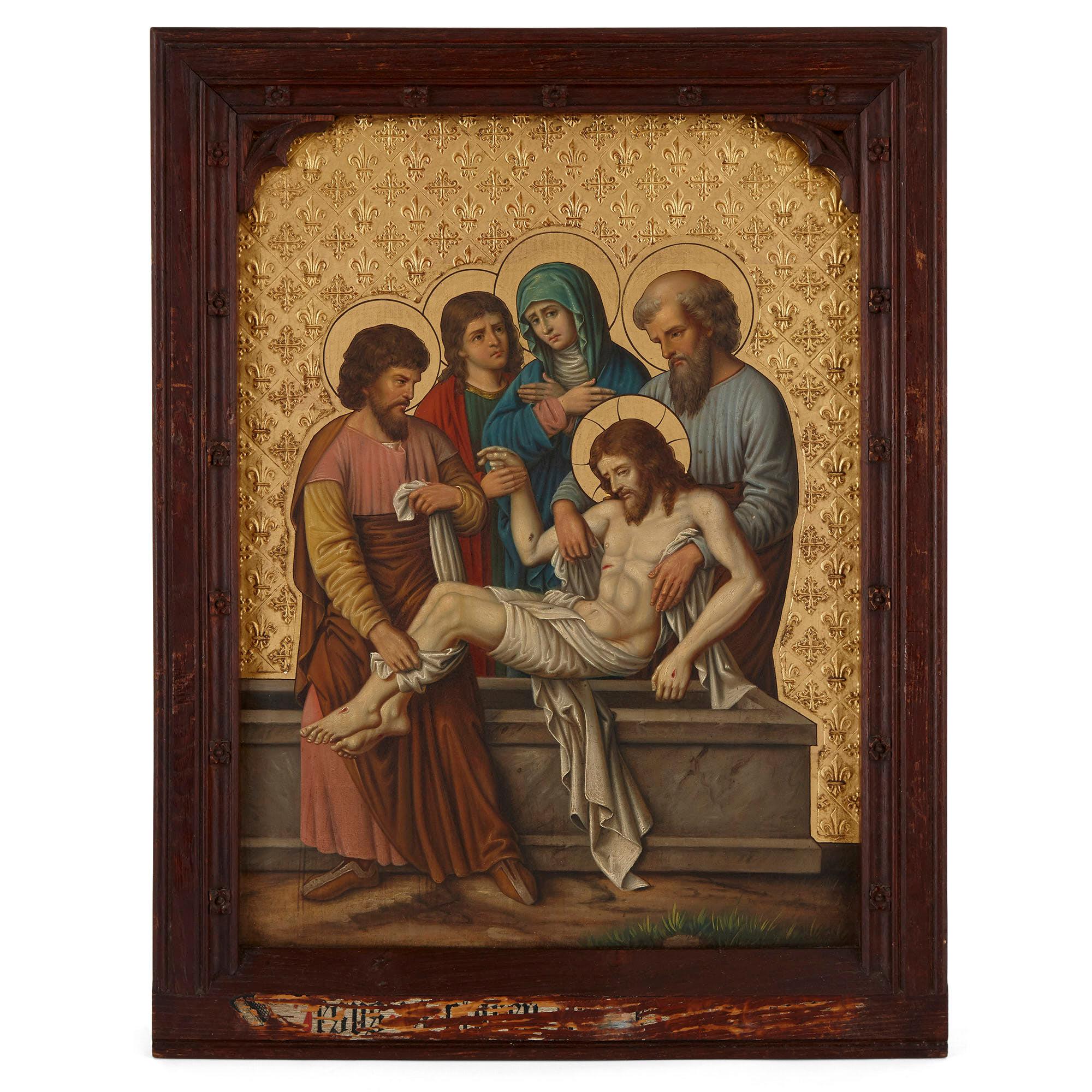 Set of four paintings of Christ drawn from the Stations of the Cross - Brown Figurative Painting by Unknown