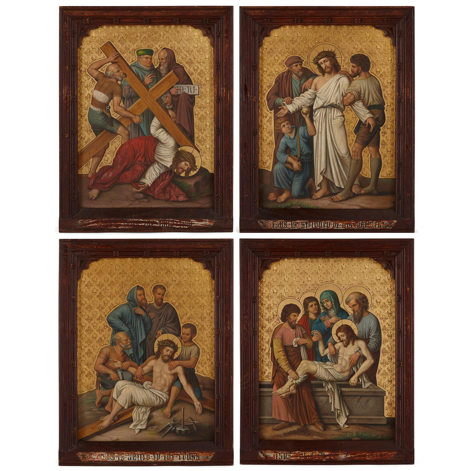 Set aus vier Gemälden von Christus, die aus den Kreuzstationen gezeichnet wurden