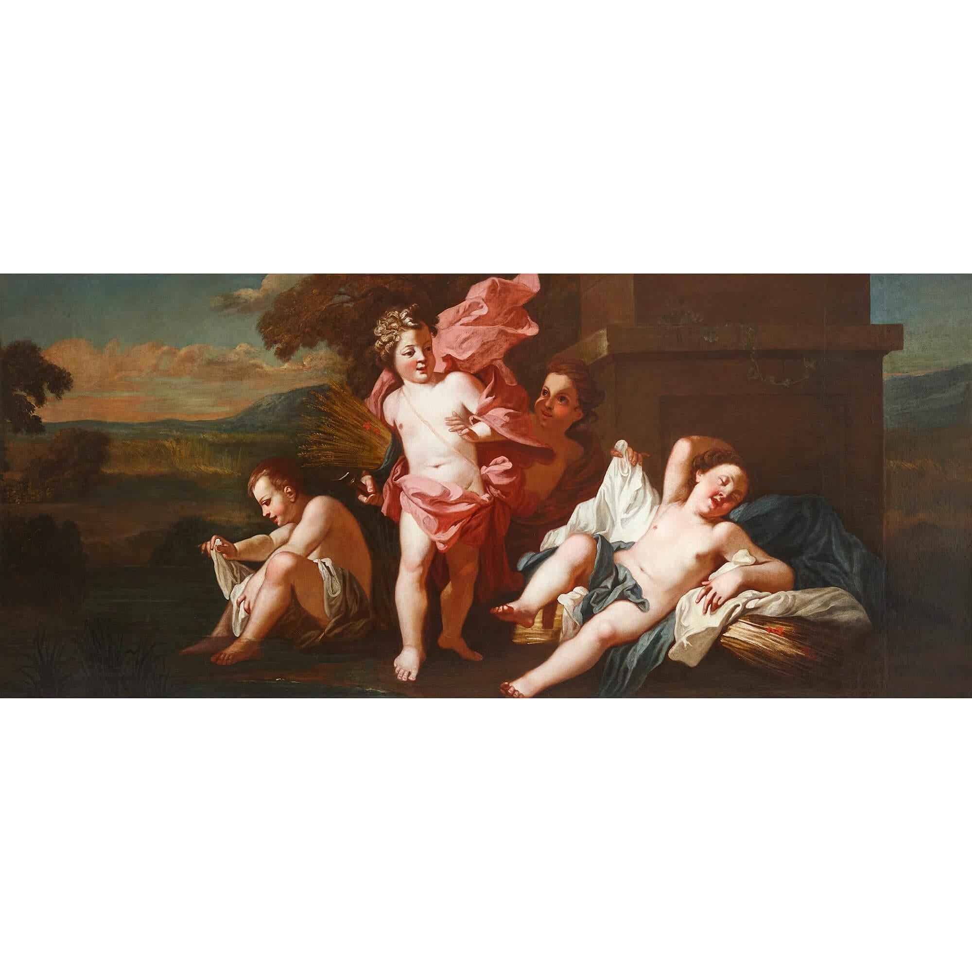 Set of four very large 18th century Italian Rococo paintings of the Four Seasons - Brown Figurative Painting by Unknown