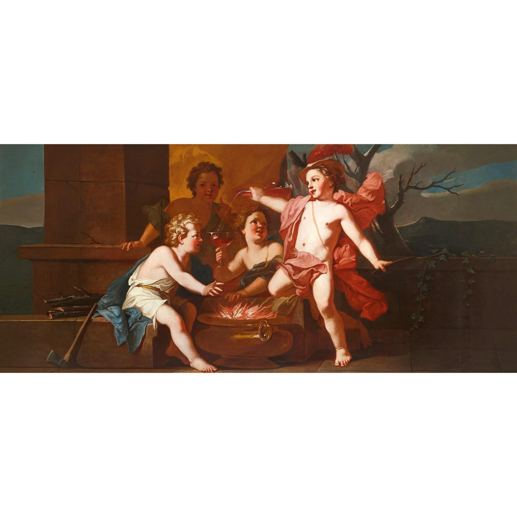 Ensemble de quatre grands tableaux rococo italiens du XVIIIe siècle représentant les Quatre Saisons.
Italien, 18ème siècle
Cadres : hauteur 98cm, largeur 201,5cm, profondeur 5cm
Toiles : hauteur 85cm, largeur 188cm, profondeur 2.5

Réalisées par un