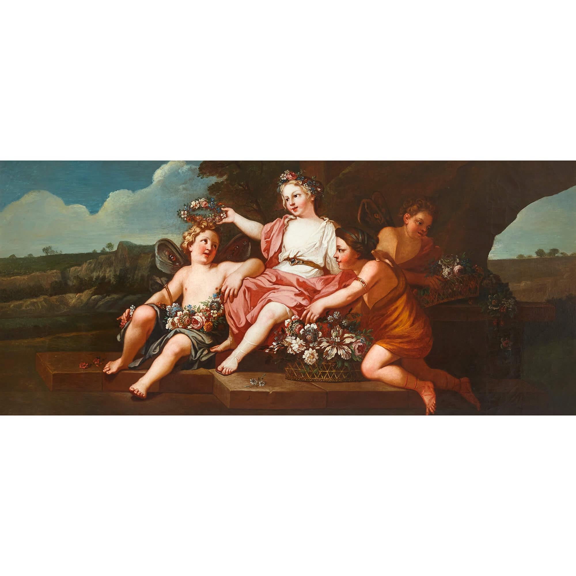 Ensemble de quatre très grandes peintures rococo italiennes du 18ème siècle représentant les Quatre Saisons. en vente 1