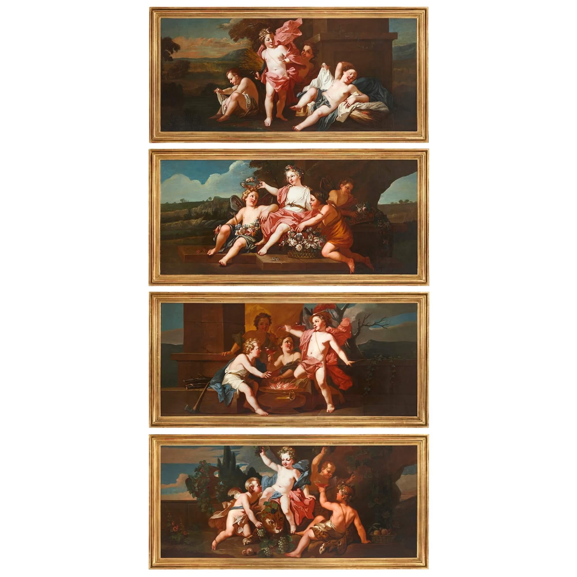 Ensemble de quatre très grandes peintures rococo italiennes du 18ème siècle représentant les Quatre Saisons.