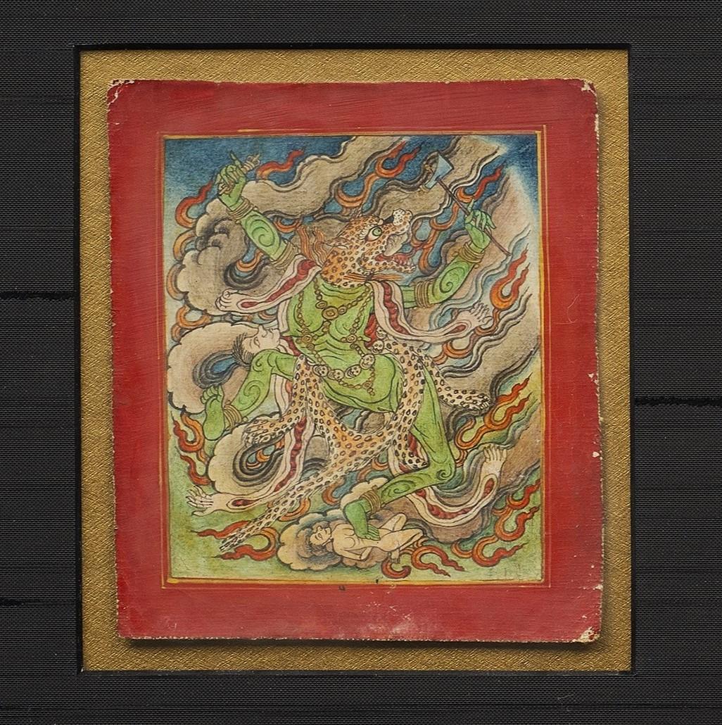 Set di tre Tsakali tibetani del XIX secolo con raffigurazioni di Dakini danzanti (B) - Figurative Painting Marrone di Unknown