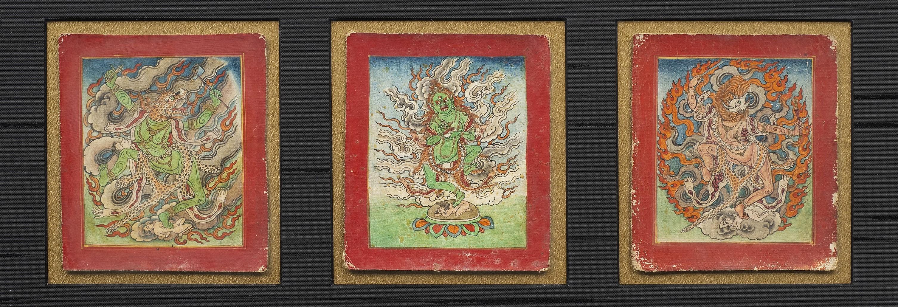 Figurative Painting di Unknown - Set di tre Tsakali tibetani del XIX secolo con raffigurazioni di Dakini danzanti (B)