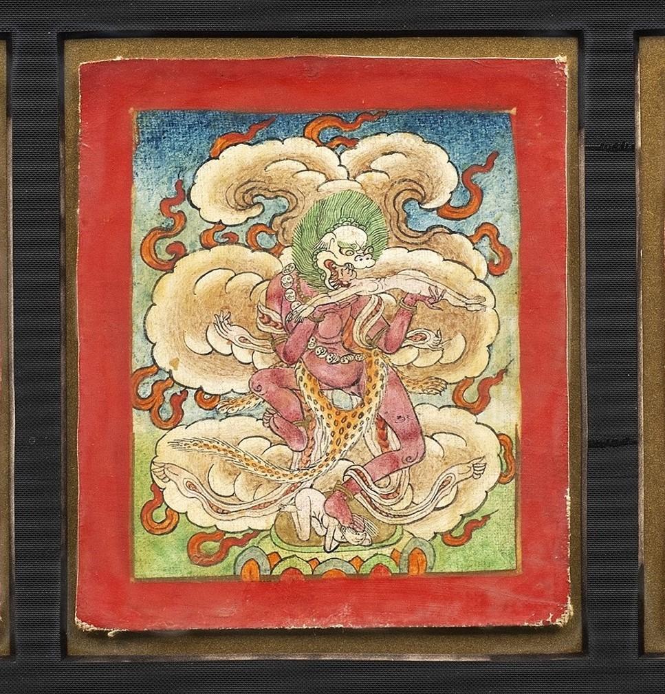 Set di tre Tsakali tibetani del XIX secolo con raffigurazioni di Dakini danzanti
Pigmento minerale su carta
Circa 4 5/8 x 4 pollici ciascuno (cornice 24 x 14)

È importante notare che si tratta di esempi molto raffinati di tsakali tibetano, più