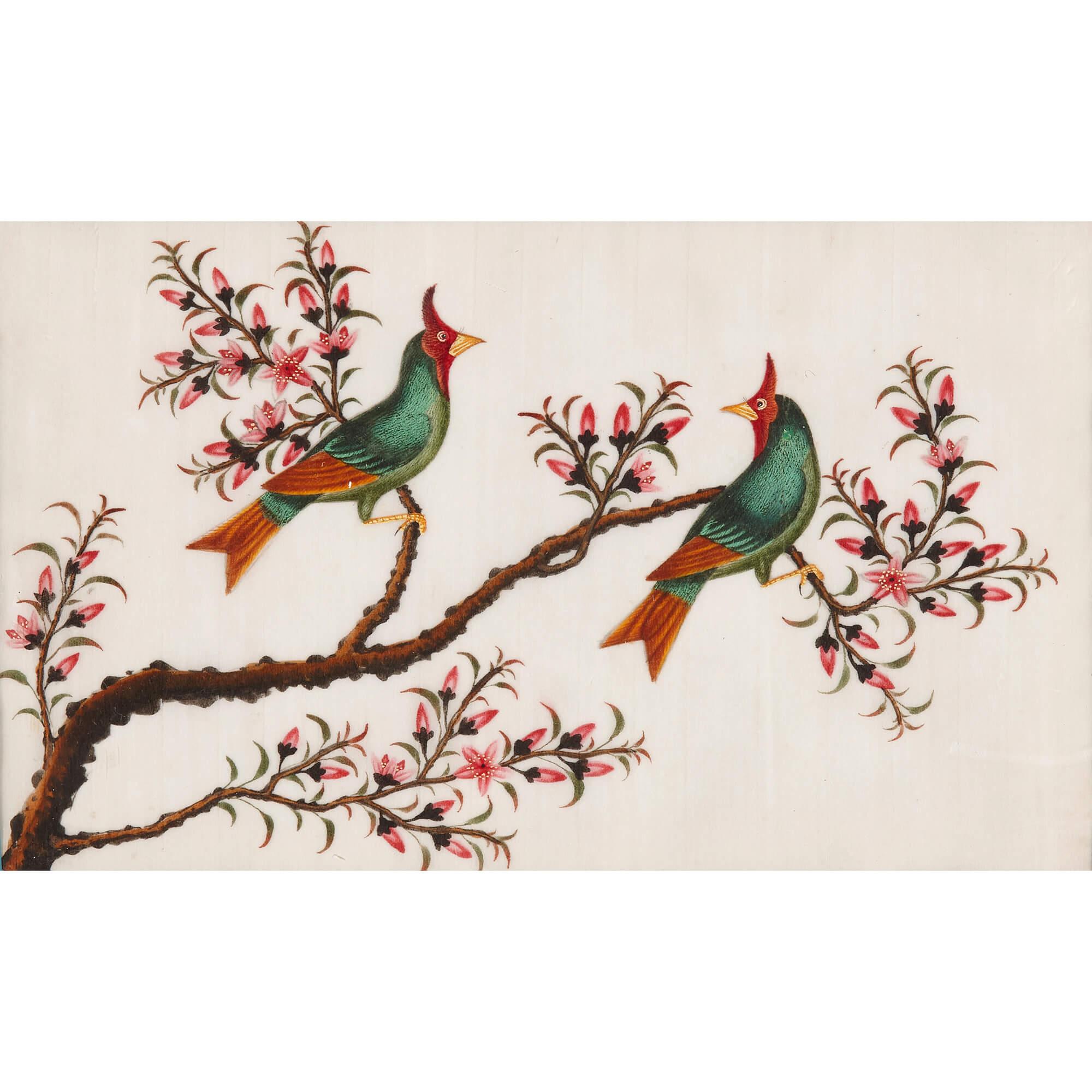 Set of twelve antique Chinese painted bird studies on pith paper
Chinese, 19th Century
Panel: Height 20cm, width 32cm
Frame: Height 35.5cm, width 47cm, depth 1.5cm

This fantastic collection of ornithological paintings wow with their vibrant