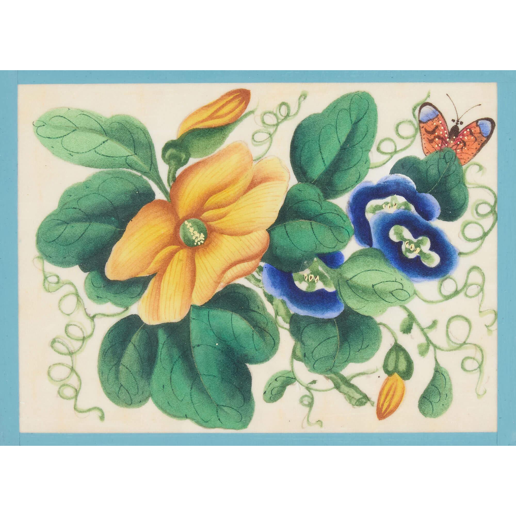 Set di dodici antichi dipinti cinesi con fiori e farfalle in vendita 8