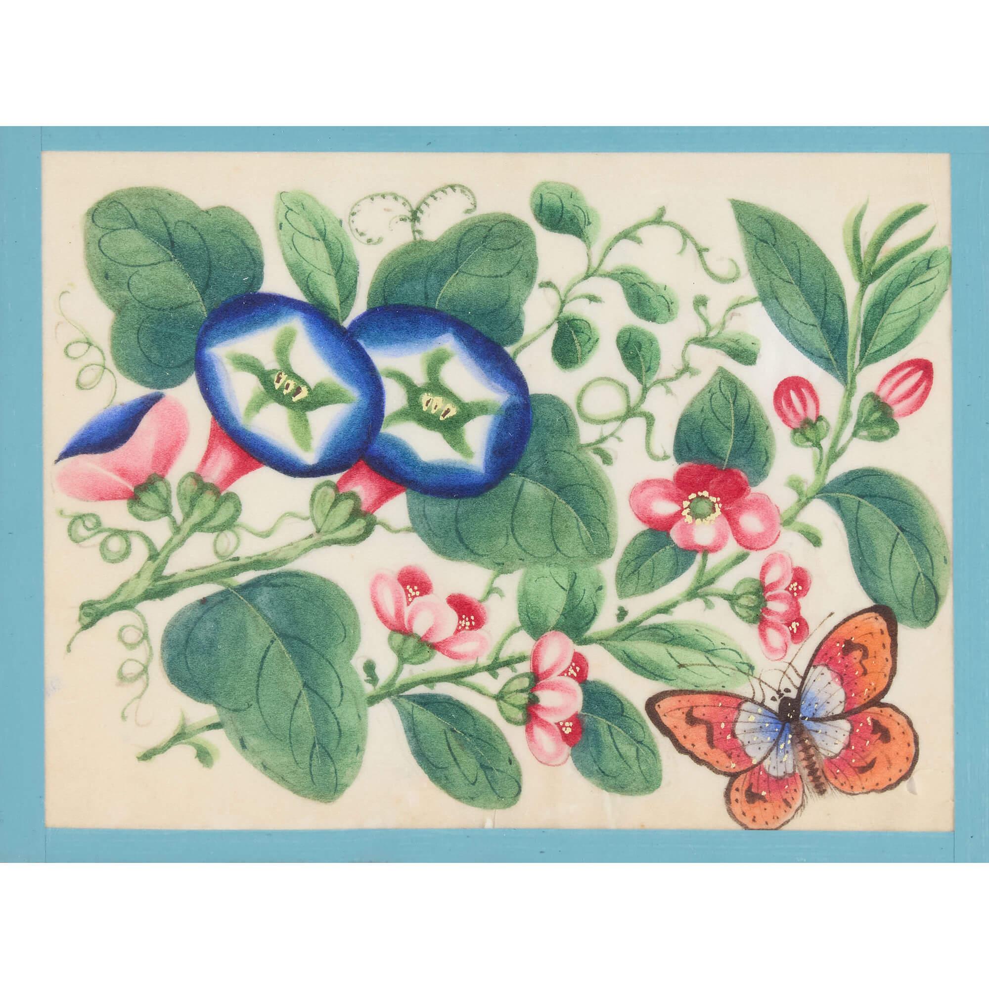 Set di dodici antichi dipinti cinesi con fiori e farfalle - Painting di Unknown