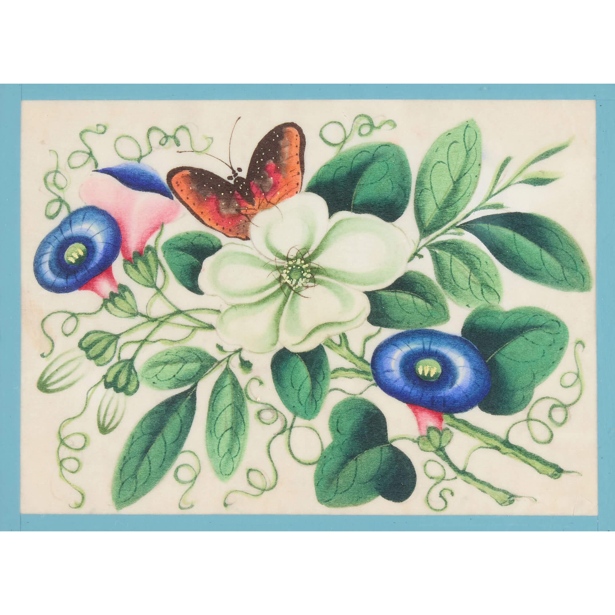 Set di dodici antichi dipinti cinesi con fiori e farfalle in vendita 3