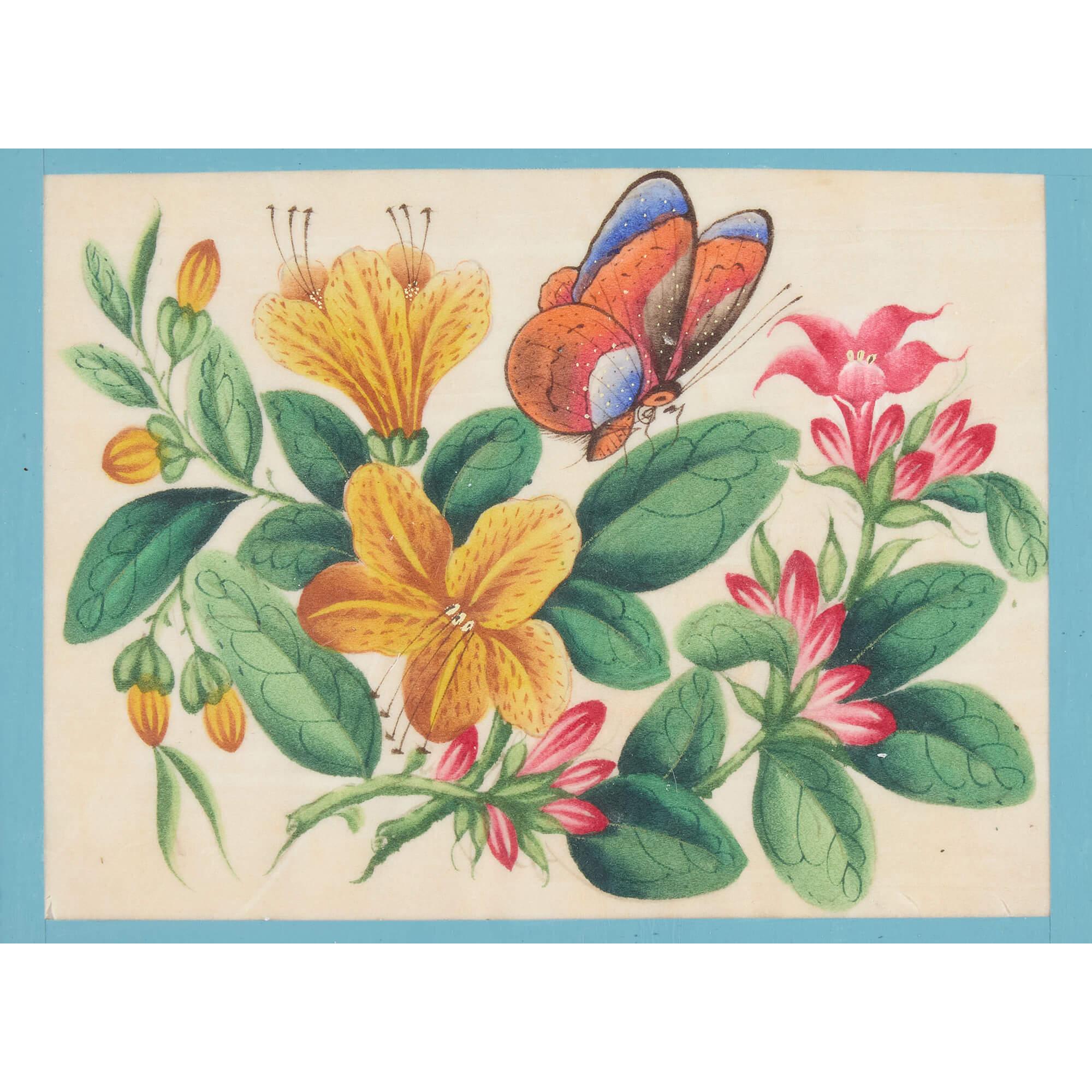 Set di dodici antichi dipinti cinesi con fiori e farfalle in vendita 4