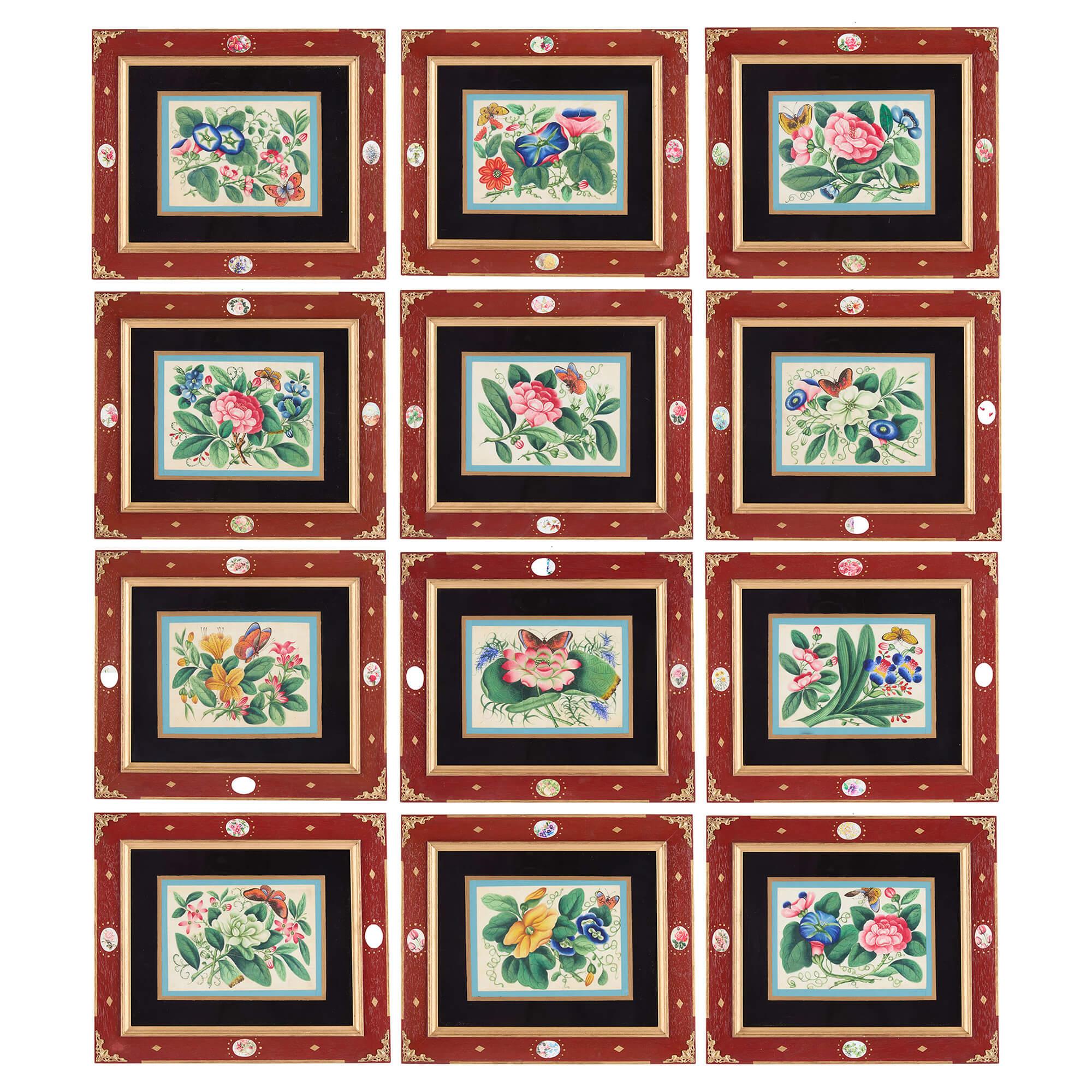 Set di dodici antichi dipinti cinesi con fiori e farfalle