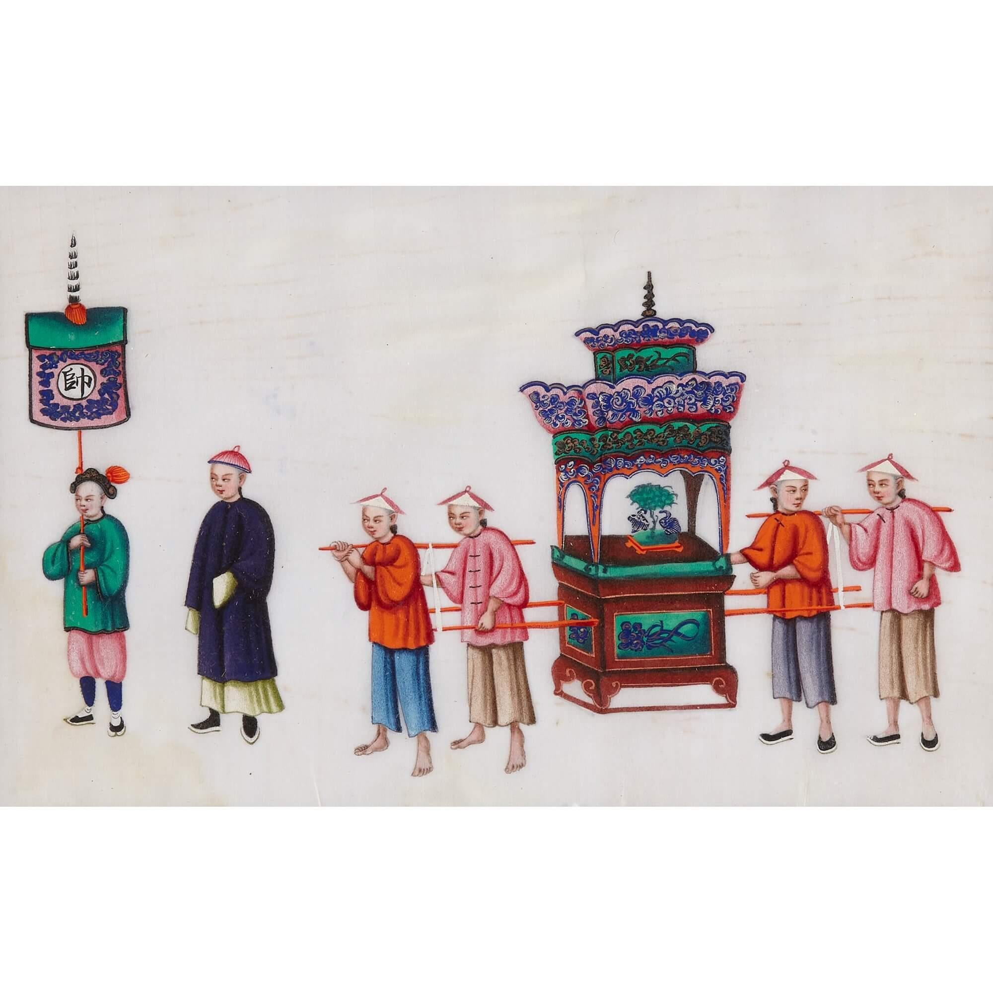 Set of Twelve Antique Chinese Pith Paper Paintings of Festival Processions  For Sale 9