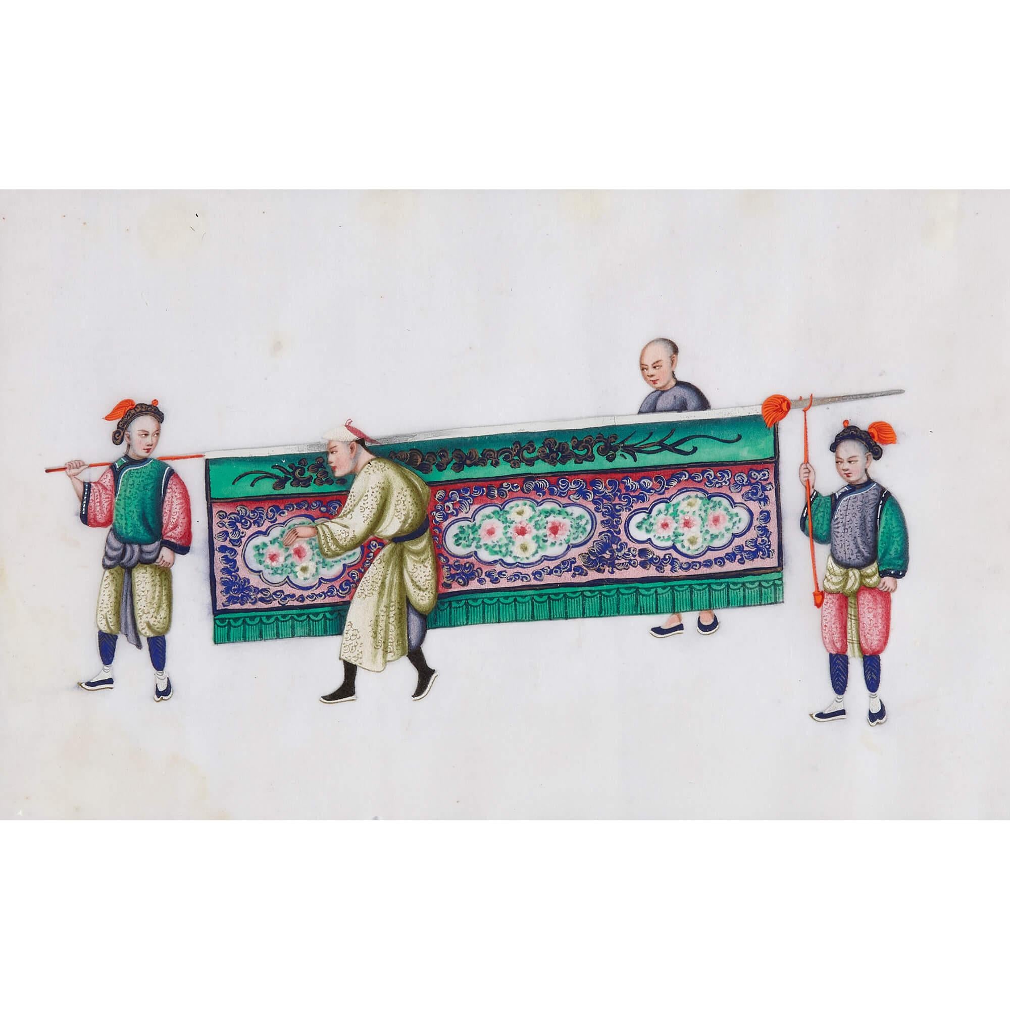 Set of Twelve Antique Chinese Pith Paper Paintings of Festival Processions  For Sale 11
