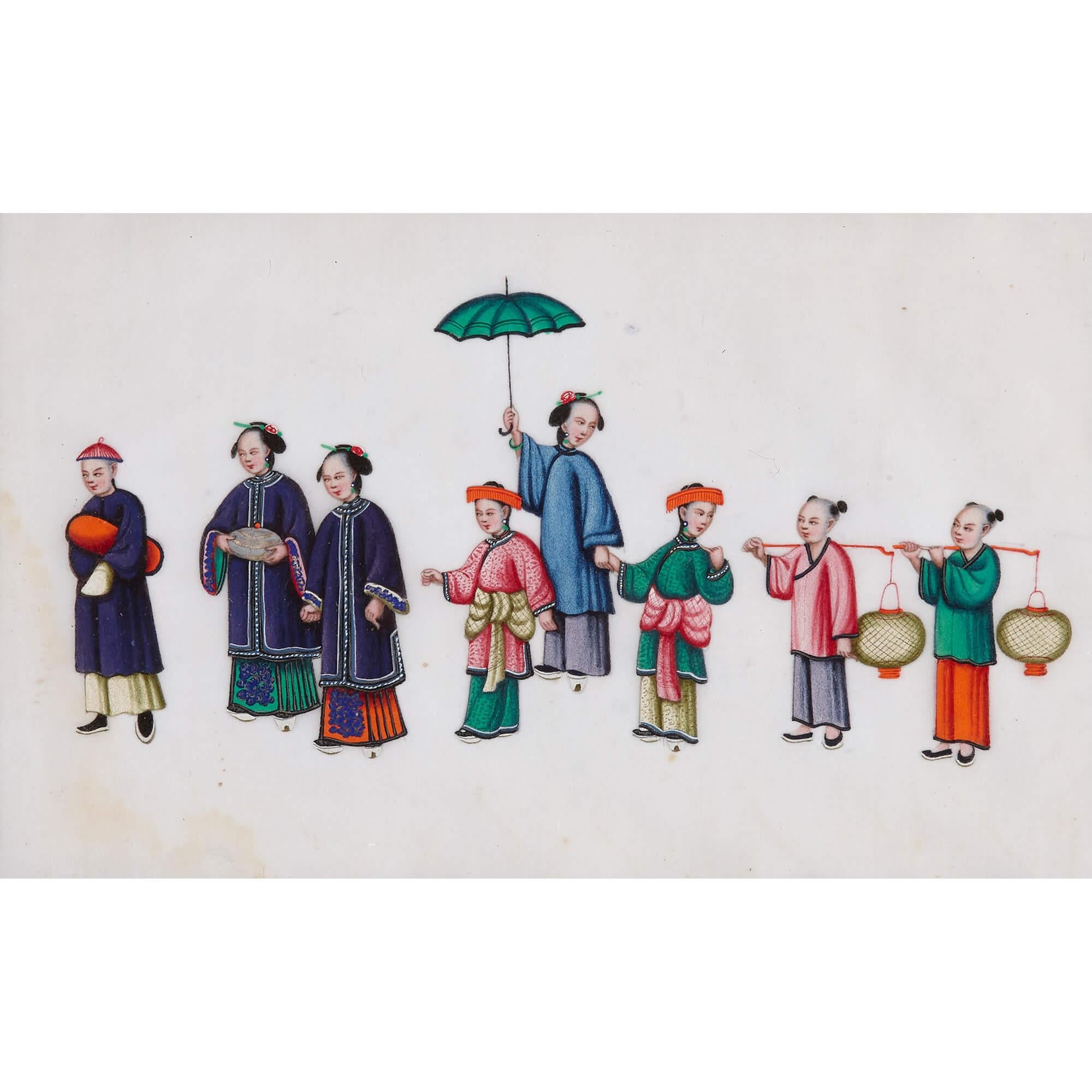 Set of twelve antique Chinese pith paper paintings of festival processions 
Chinese, 19th Century 
Panel: Height 20cm, width 31cm
Frame: Height 37cm, width 49cm, depth 1.5cm

This charming set of twelve paintings depicts a series of vignettes of