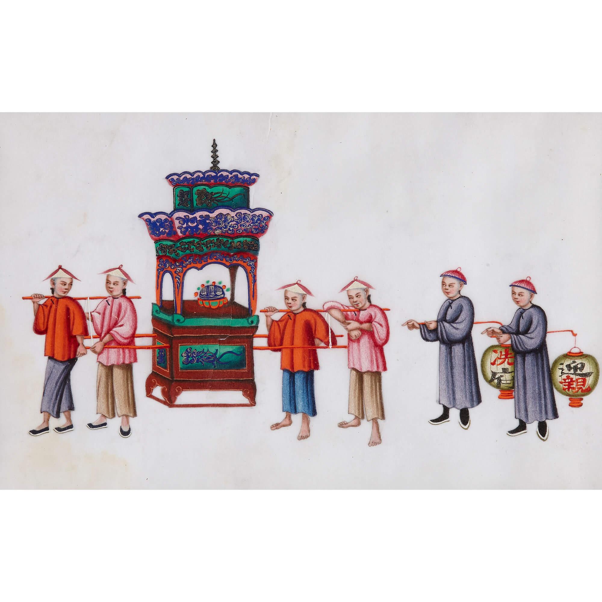 Set of Twelve Antique Chinese Pith Paper Paintings of Festival Processions  For Sale 1