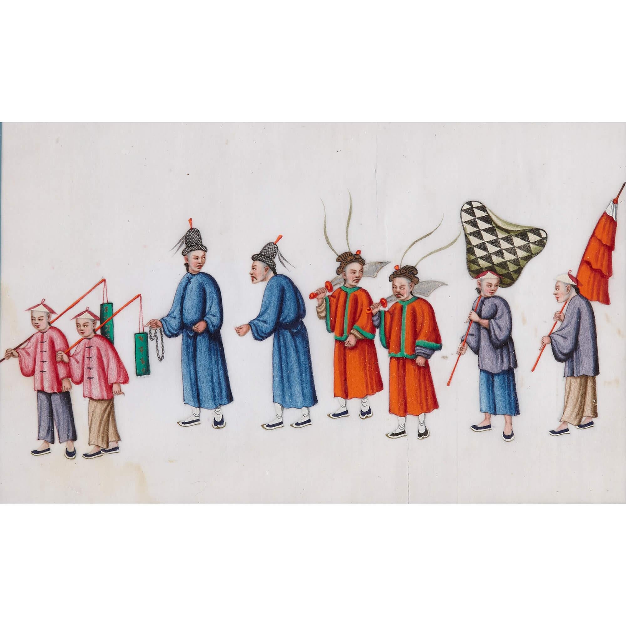 Set of Twelve Antique Chinese Pith Paper Paintings of Festival Processions  For Sale 2
