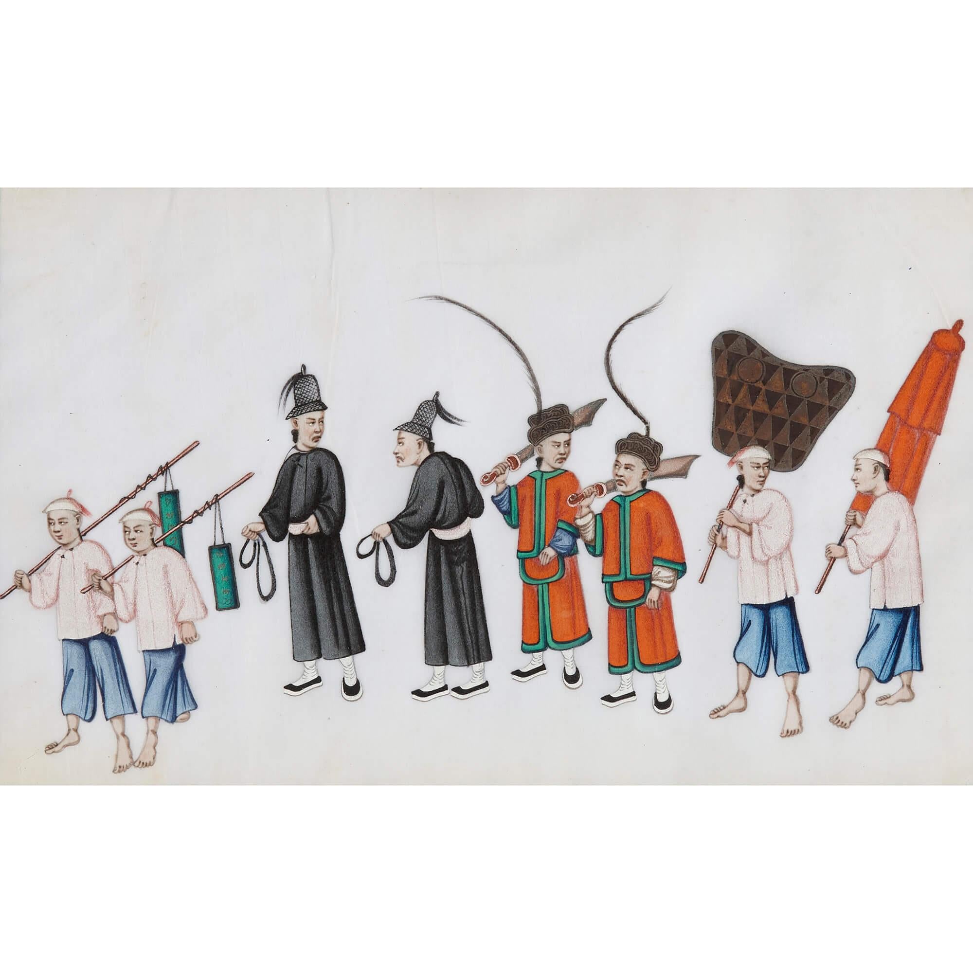 Set of Twelve Antique Chinese Pith Paper Paintings of Festival Processions  For Sale 3