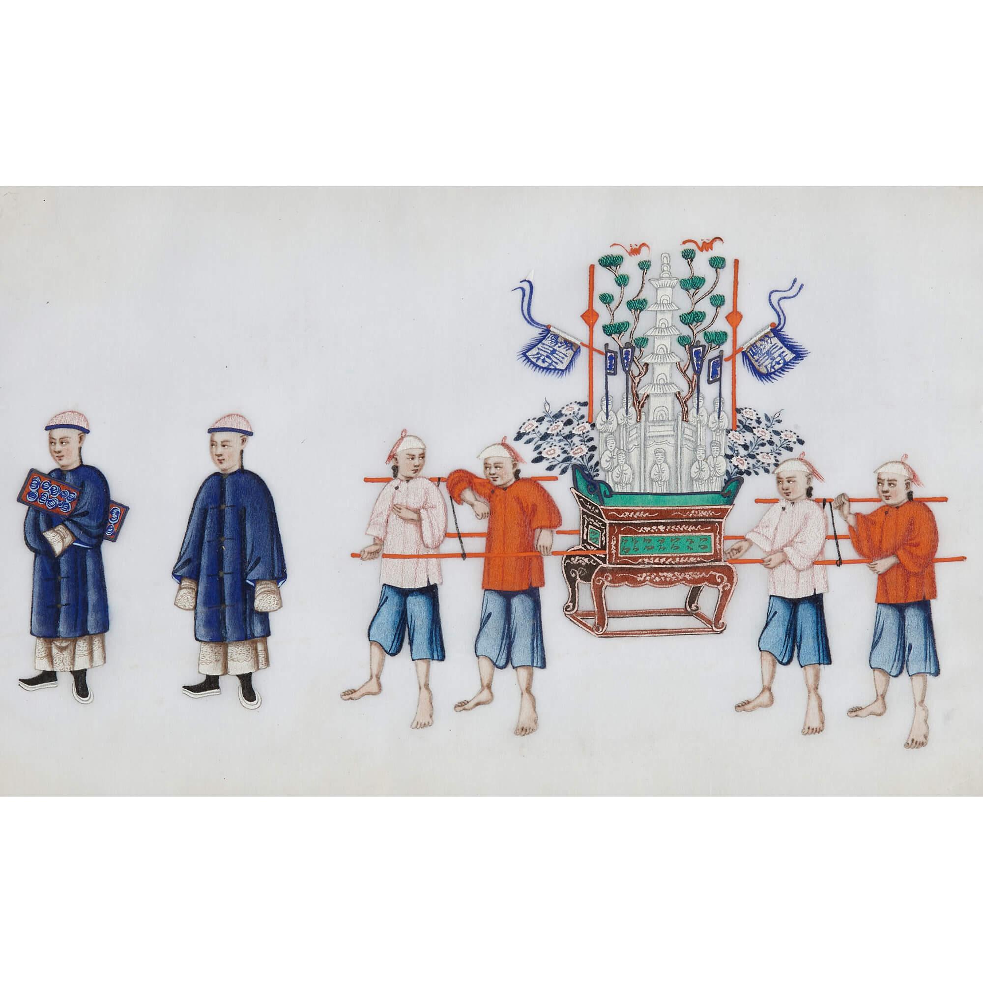 Set of Twelve Antique Chinese Pith Paper Paintings of Festival Processions  For Sale 4