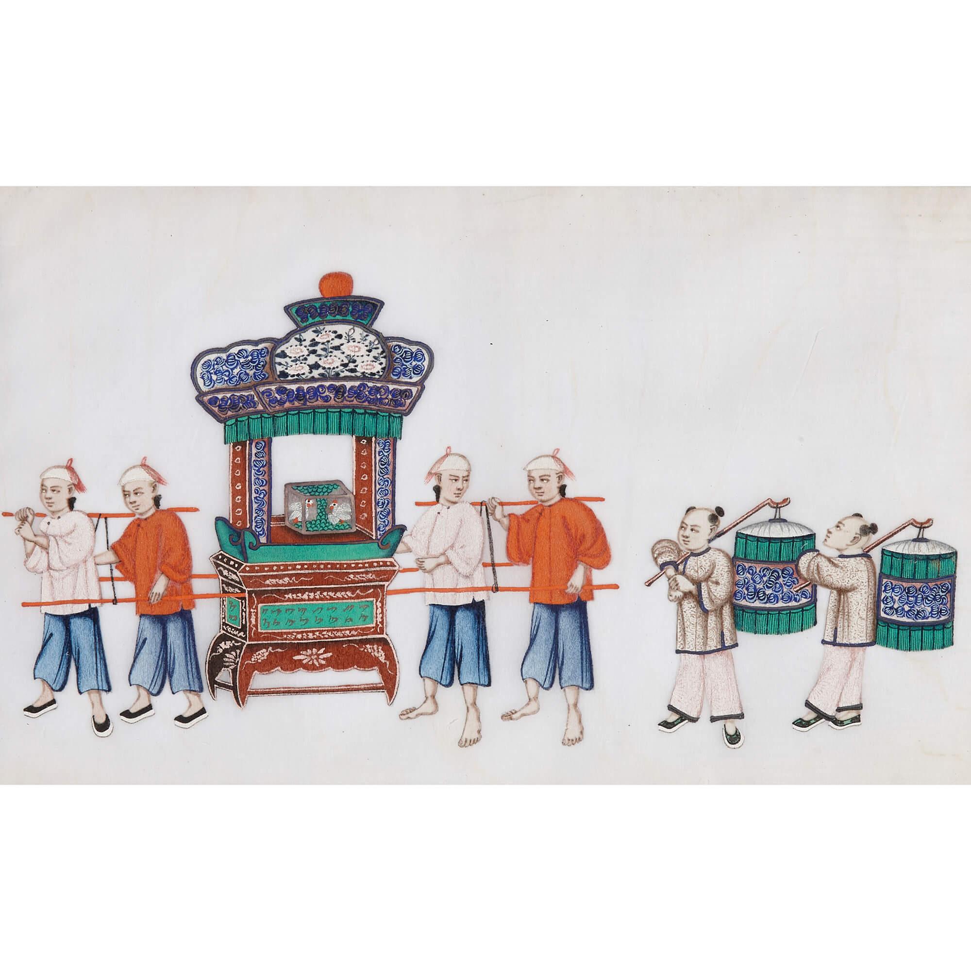 Set of Twelve Antique Chinese Pith Paper Paintings of Festival Processions  For Sale 5