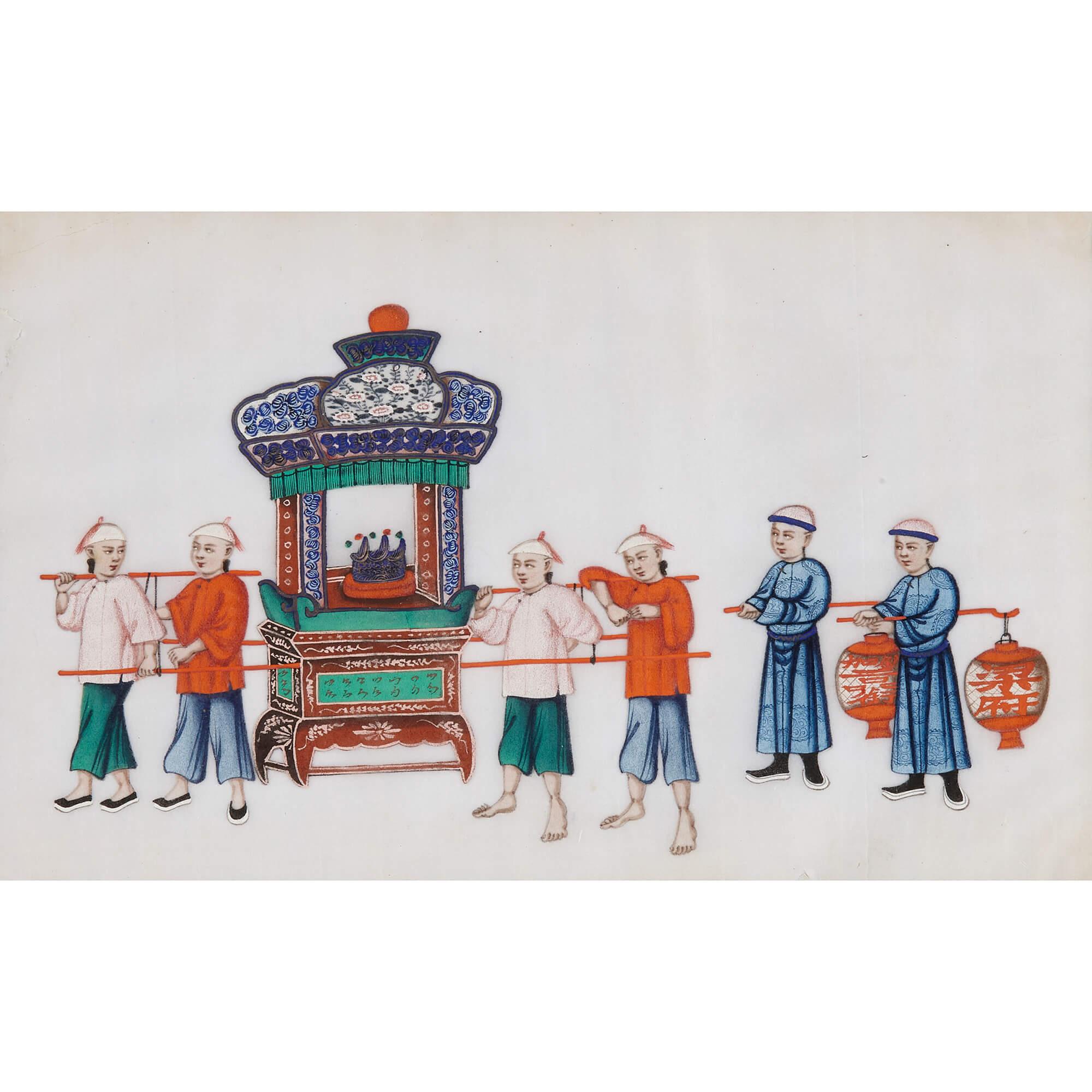 Set of Twelve Antique Chinese Pith Paper Paintings of Festival Processions  For Sale 6