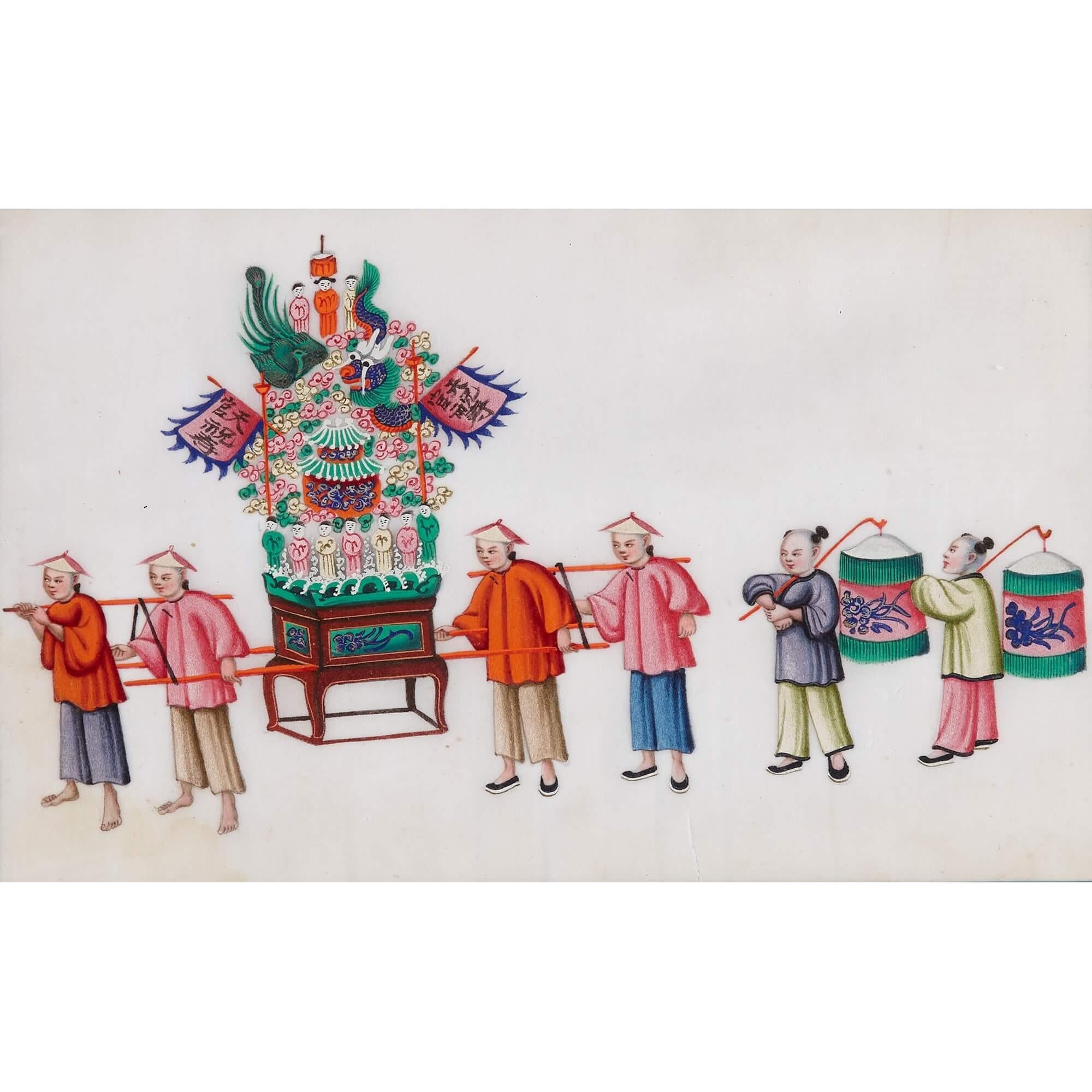 Set of Twelve Antique Chinese Pith Paper Paintings of Festival Processions  For Sale 7