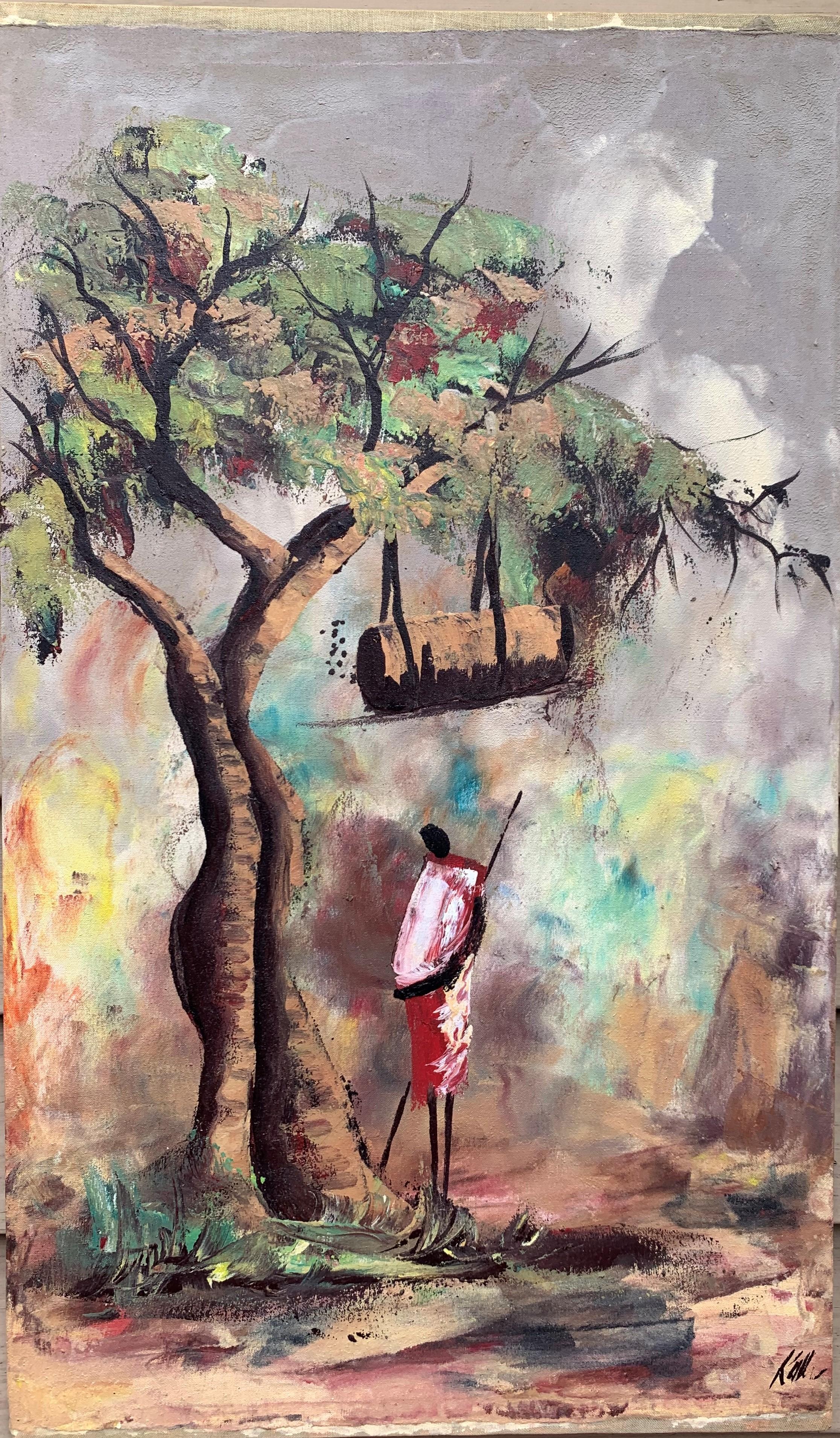 Set von zwei afrikanischen Ölgemälden auf Leinwand im Vintage-Stil, Dorfe mit Figuren, signiert – Painting von Unknown