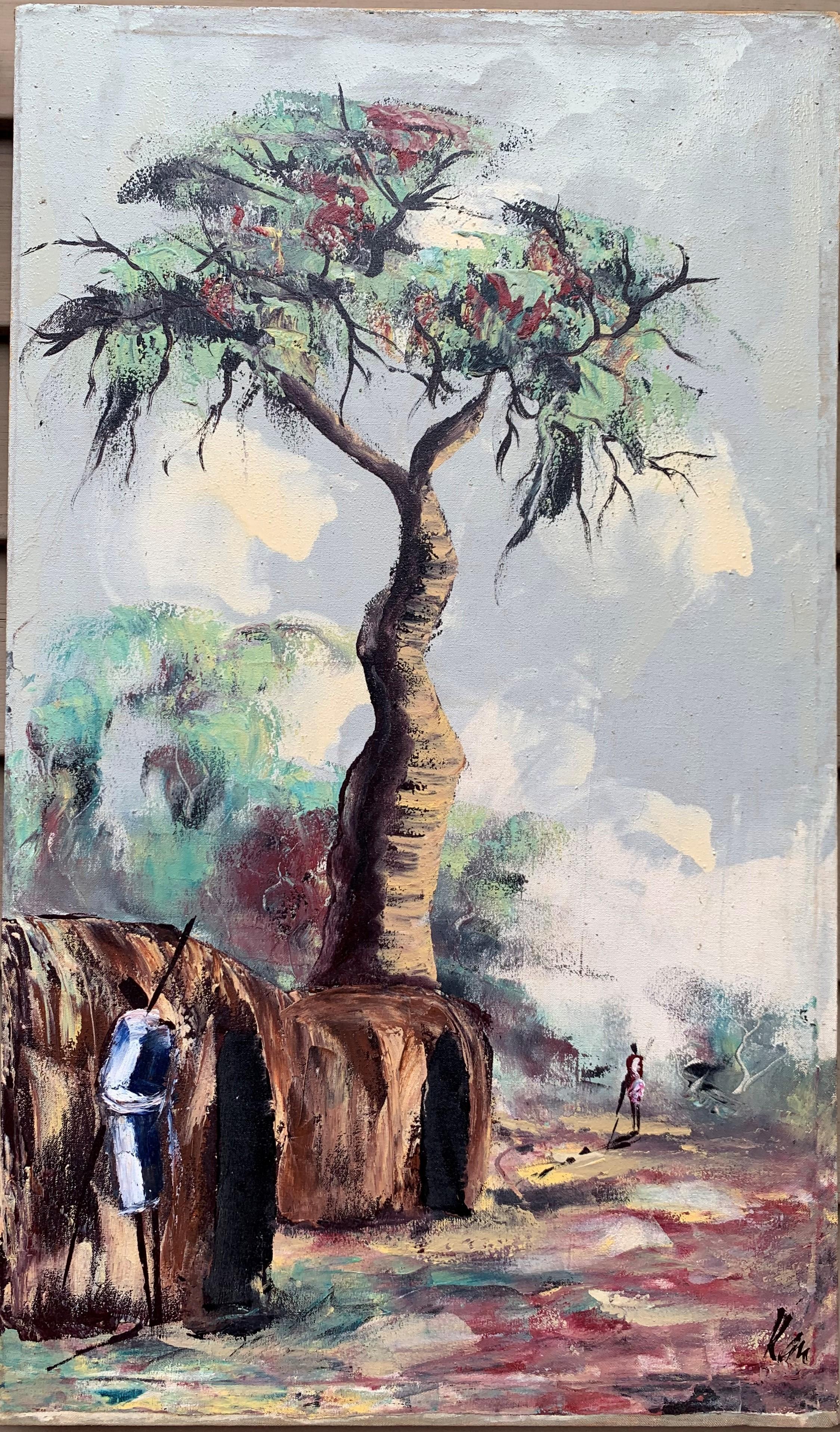 Dies ist ein interessantes Paar Vintage-Ölgemälde auf Leinwand, die eine Genreszene - afrikanisches Dorf mit Figuren - darstellen.  
Ungerahmt.
Signiert in einer unteren rechten Ecke.

Zustand: Vergilbter Lack, fleckig.

Bitte schauen Sie sich die