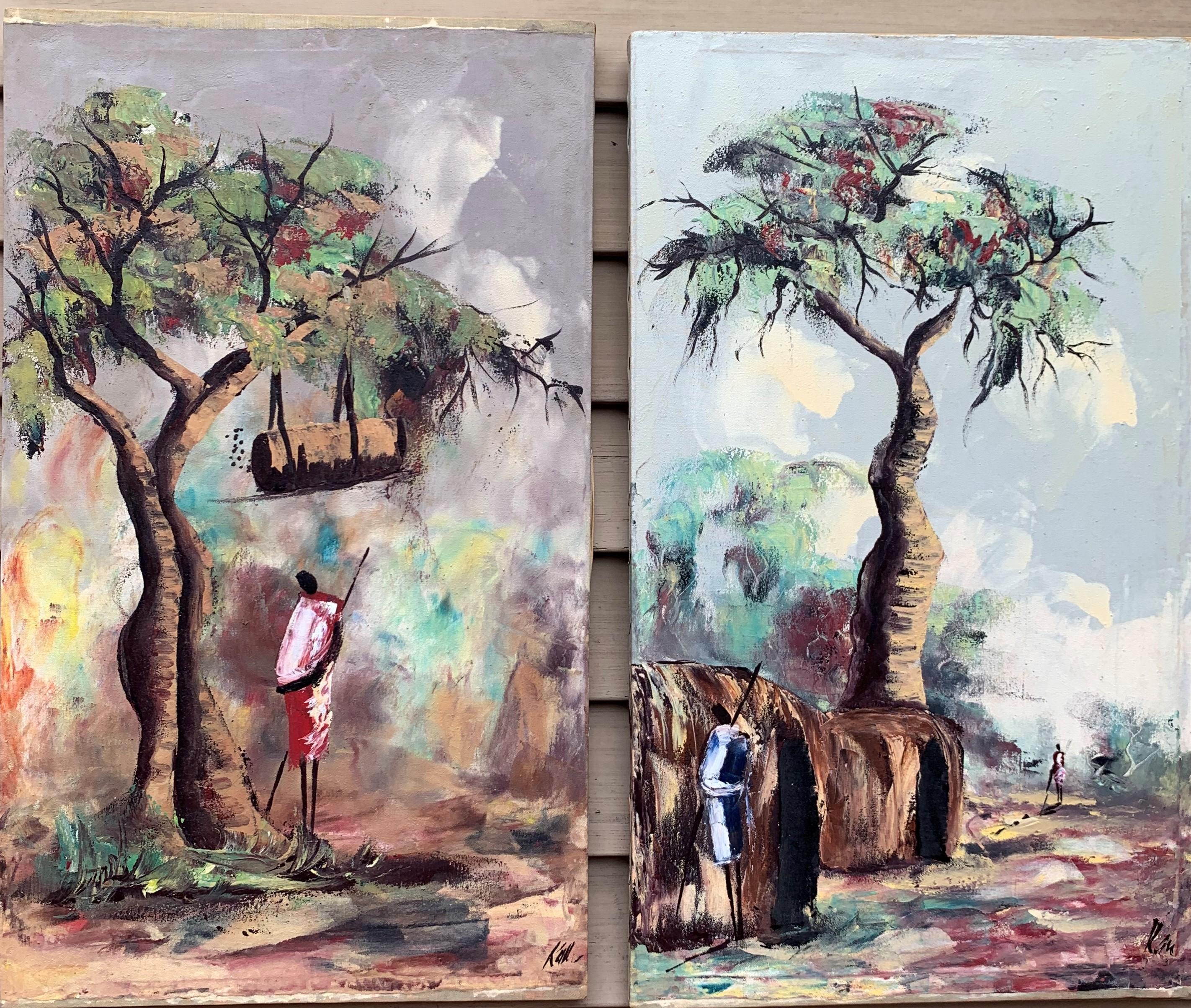 Unknown Landscape Painting – Set von zwei afrikanischen Ölgemälden auf Leinwand im Vintage-Stil, Dorfe mit Figuren, signiert