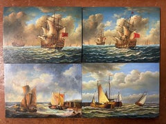Set x 4 Classic Marine Oil Paintings Naval Battle Scenes & Fishing Fleets at Sea