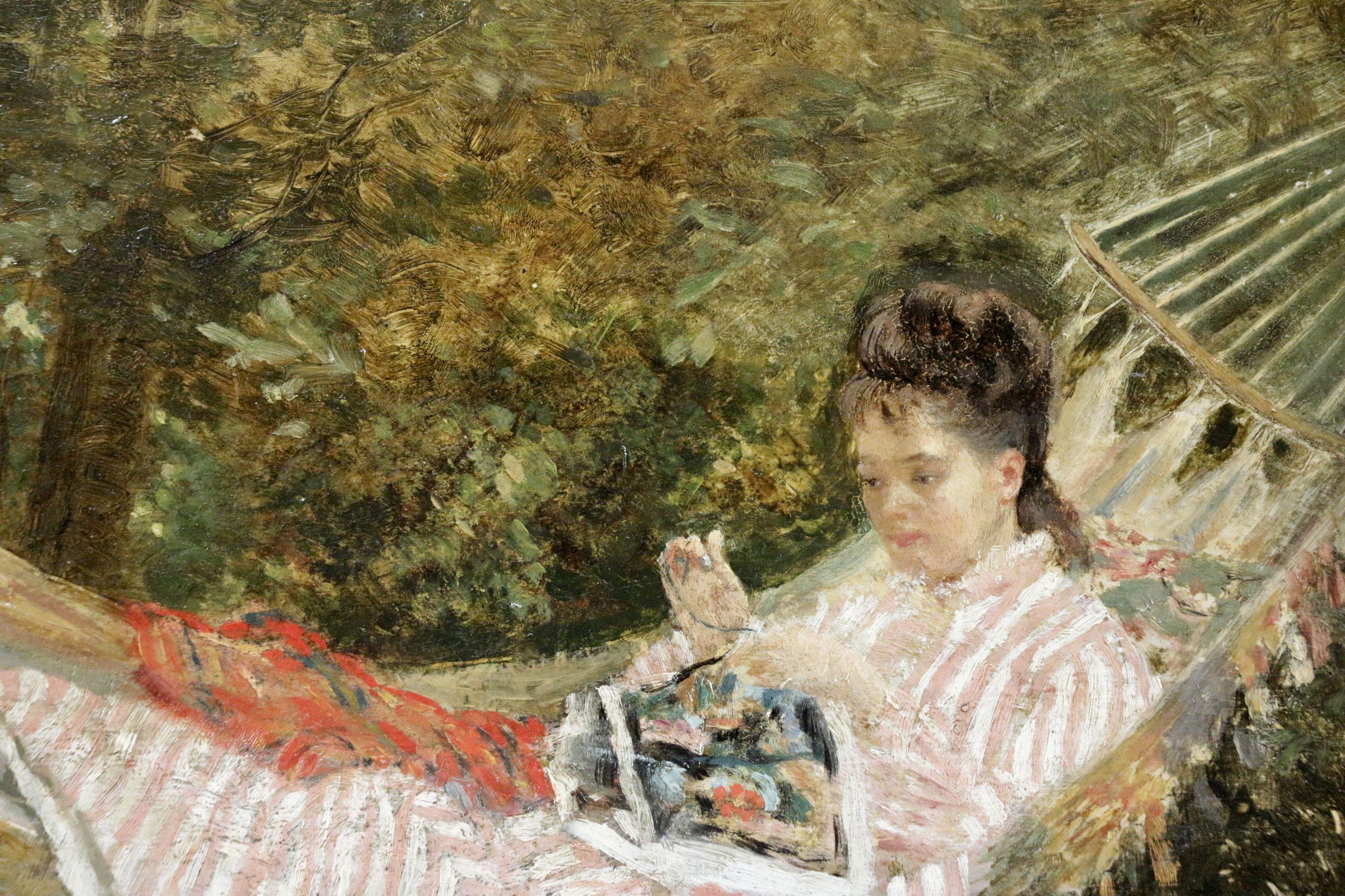 „Sewing in the Garden“ Französische impressionistische Frauenfigur in Landschaft:: ca. 19. Jahrhundert – Painting von Unknown