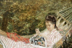 "Sewing in the Garden" C.19th French Impressionist Woman Figure in Landscape