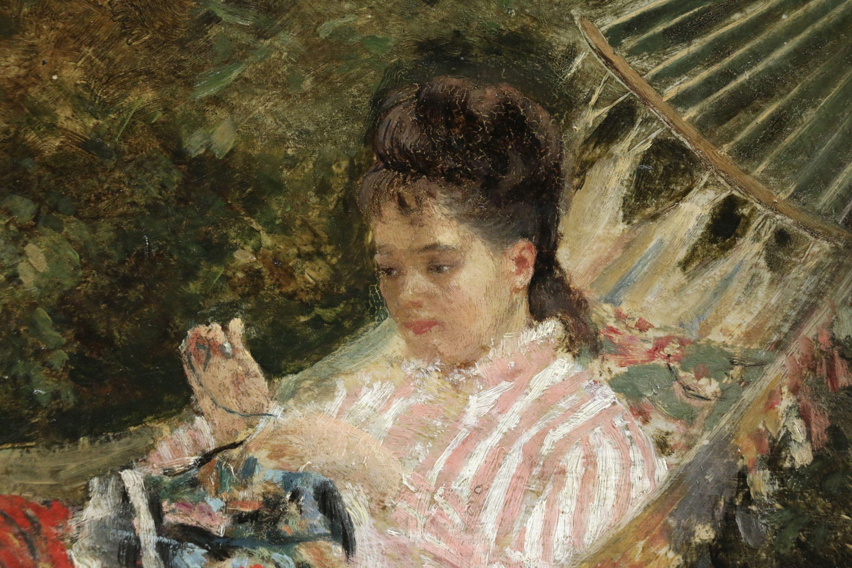 „Sewing in the Garden“ Französische impressionistische Frauenfigur in Landschaft:: ca. 19. Jahrhundert (Braun), Landscape Painting, von Unknown