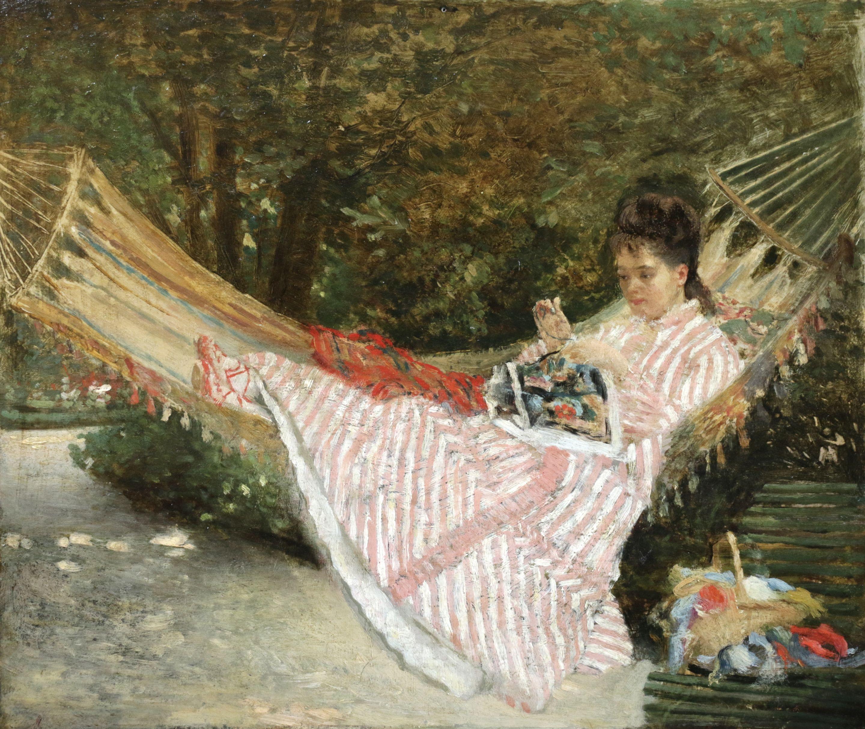 Unknown Landscape Painting – „Sewing in the Garden“ Französische impressionistische Frauenfigur in Landschaft:: ca. 19. Jahrhundert