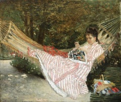 „Sewing in the Garden“ Französische impressionistische Frauenfigur in Landschaft:: ca. 19. Jahrhundert