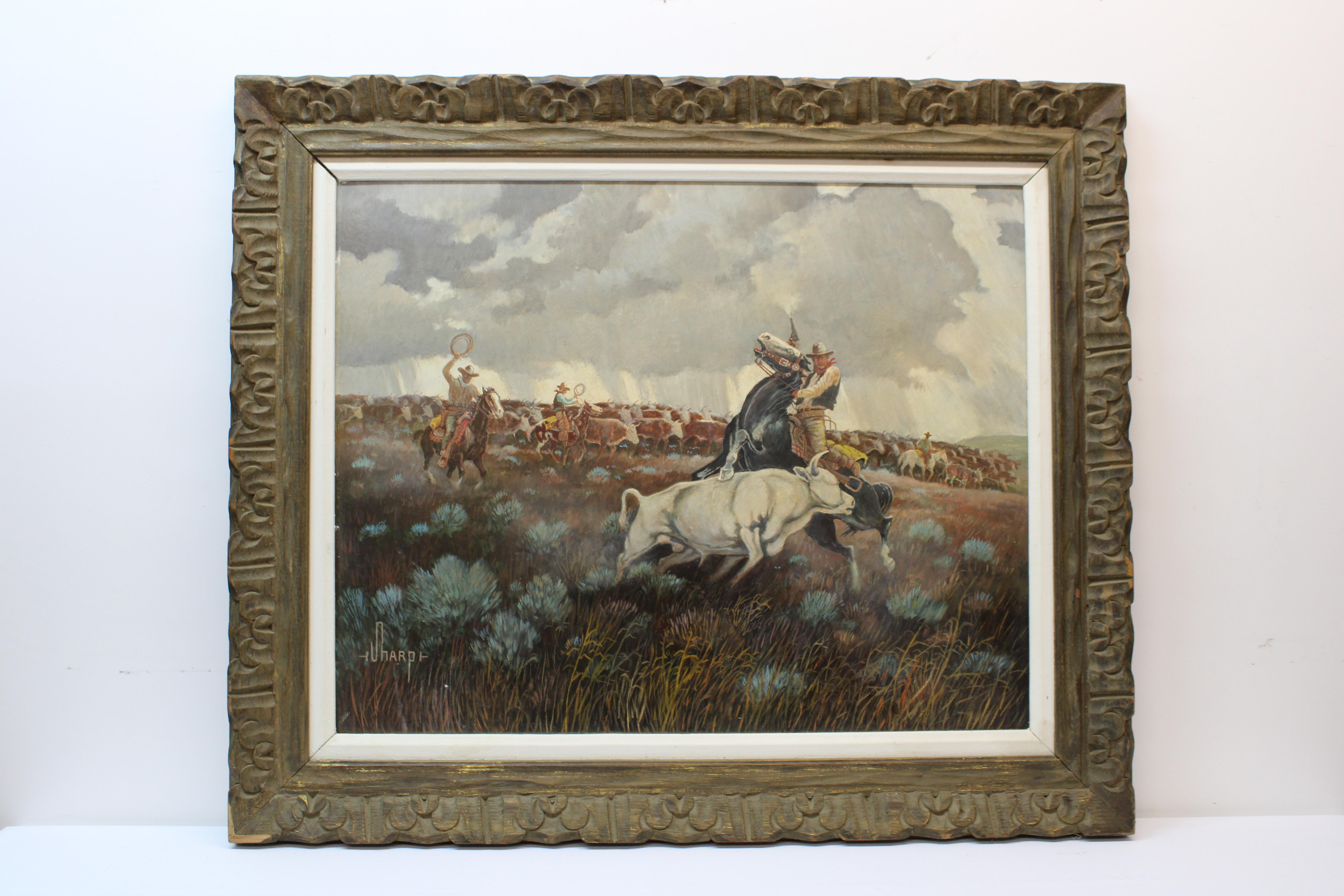 Unknown Landscape Painting - Sharp " Cowboys & Cattle " Western Illustration
