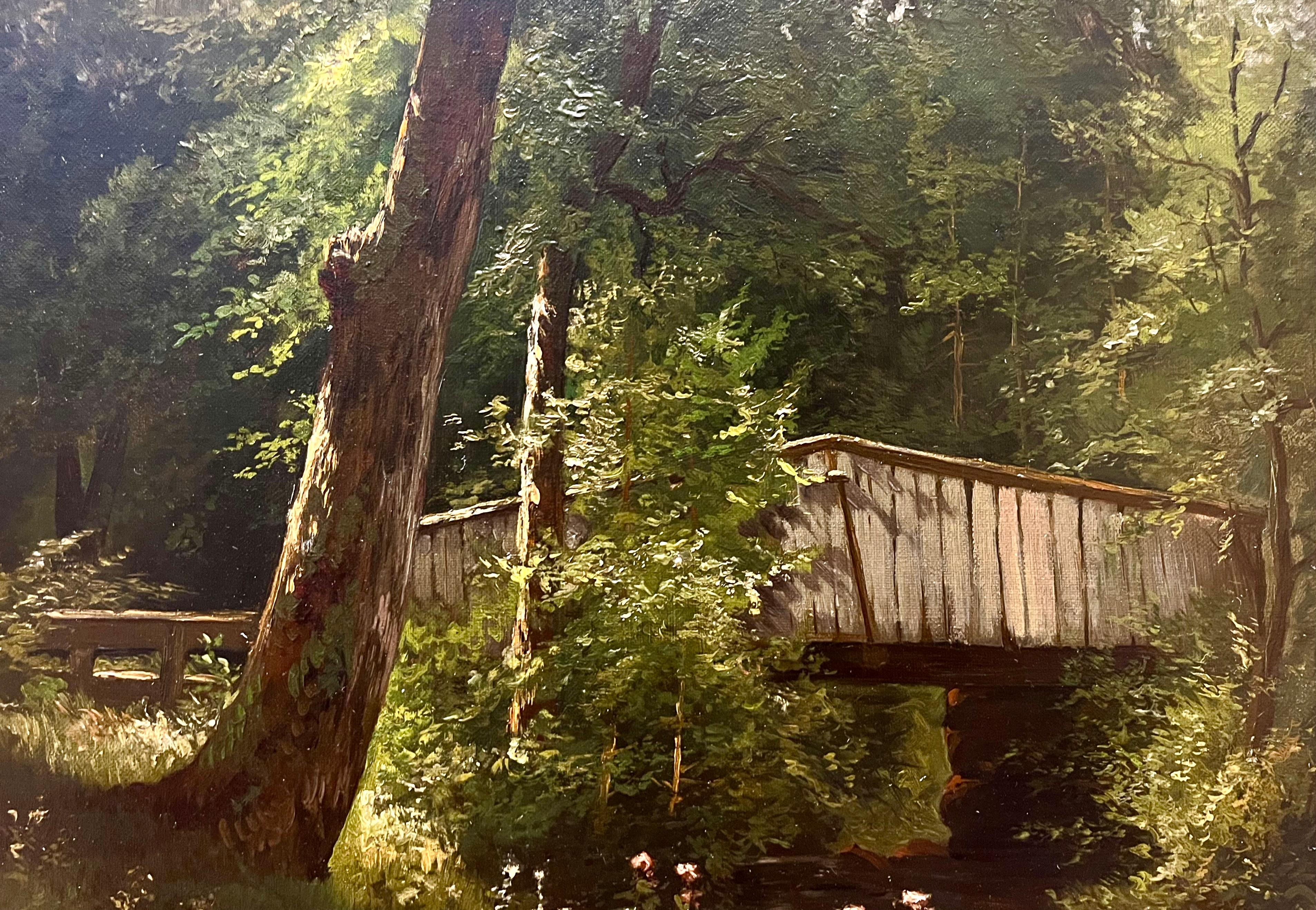 Puente cubierto en lo profundo del bosque de Nueva Inglaterra - Painting Escuela del río Hudson de Unknown