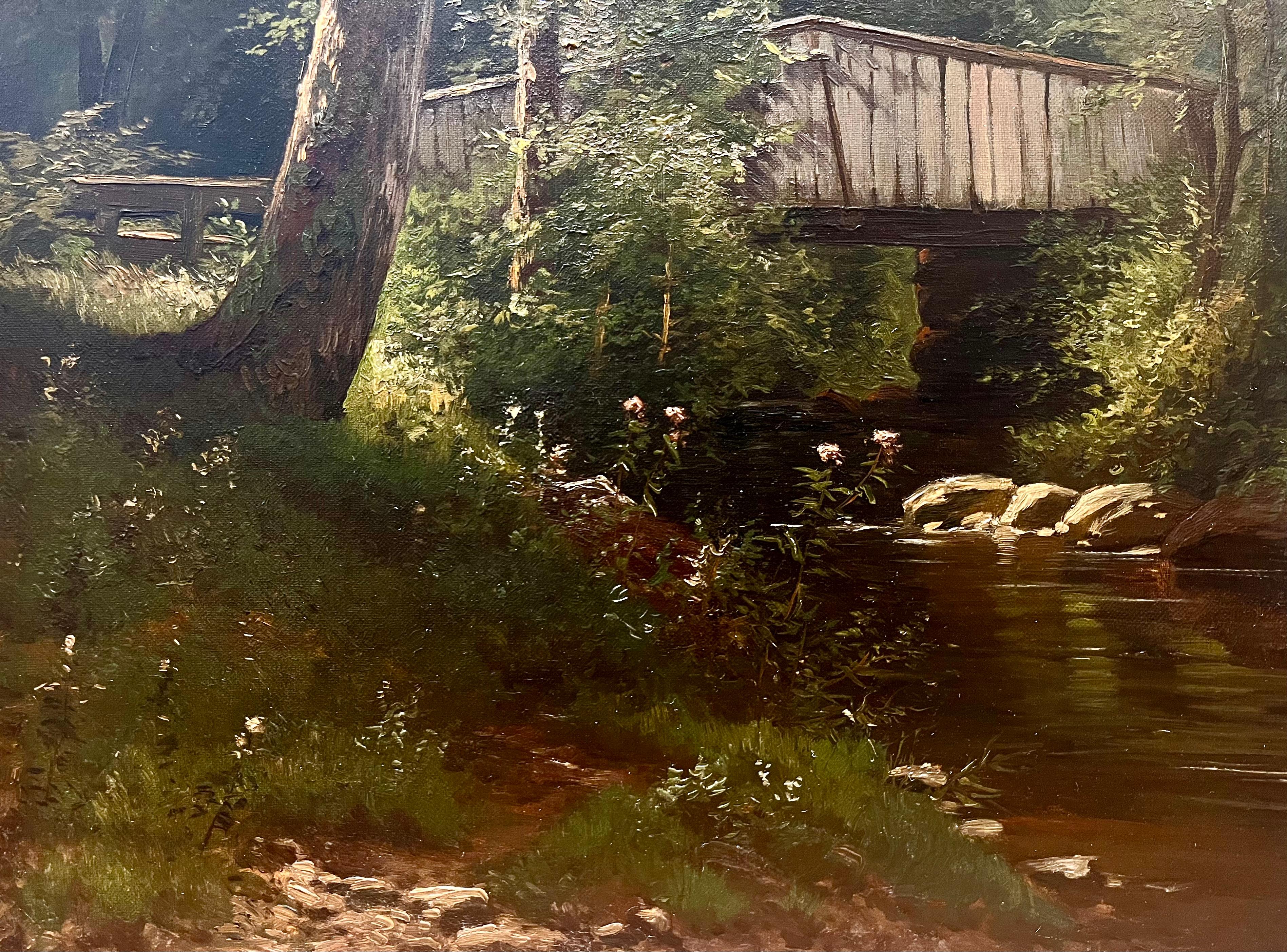 Puente cubierto en lo profundo del bosque de Nueva Inglaterra - Landscape Painting Marrón de Unknown